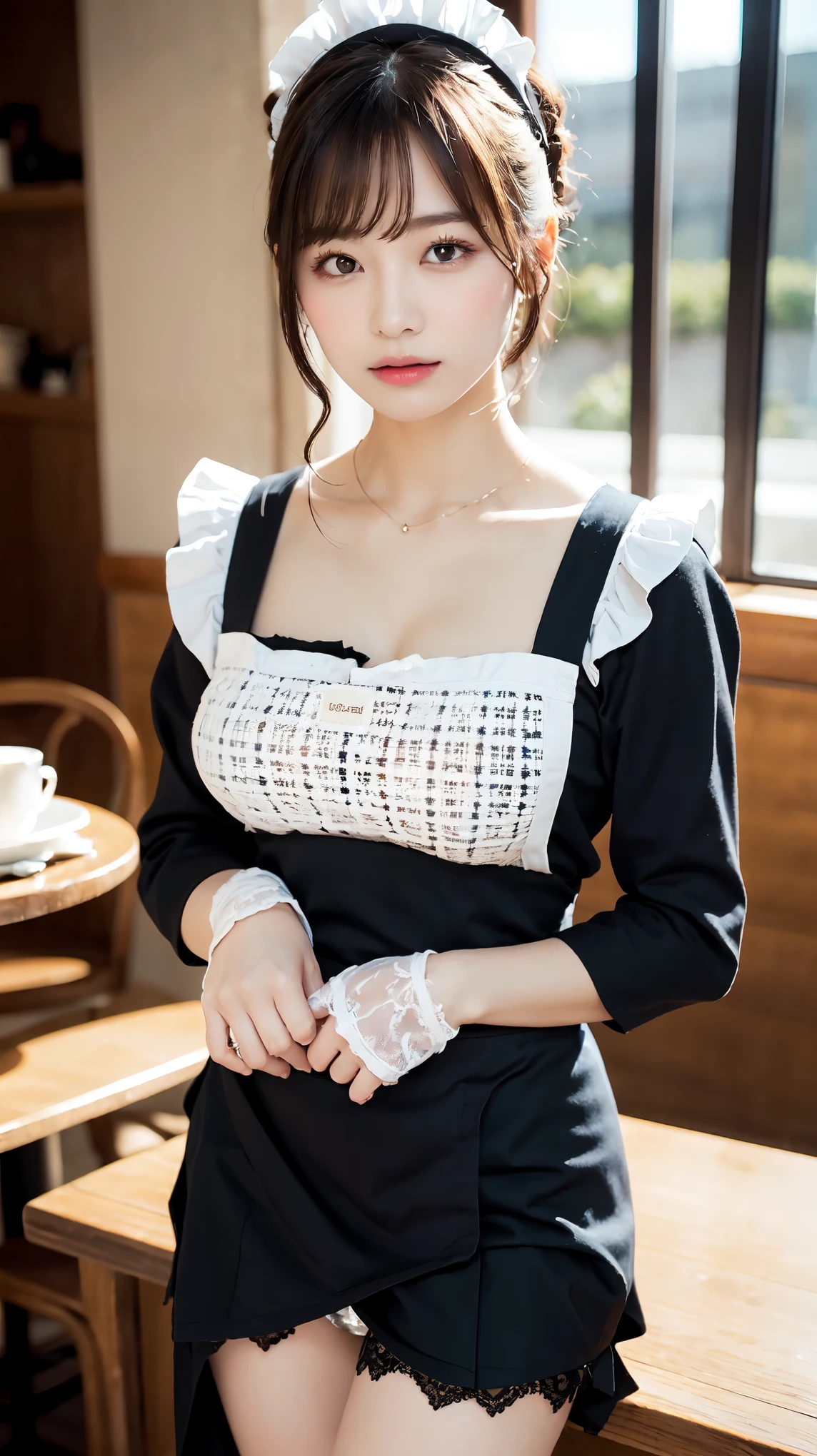 One Girl, apron, Black dress,  blush, Braiding, dress, Eyebrows visible through hair, Big Breasts, valley, The chest is exposed, Beautiful nipples, Frills, gloves, Hair between the eyes, jewelry, Juliet Sleeve, Long sleeve, Maid, Maid apron, Maidの頭飾り, Puffy sleeves, short hair,((She lifted her skirt to show her panties.、Tempting you)), White lace panties, White apron, window, Huge 、Nogizaka Idol、Korean Idols、Burning idol pose、actress、Age 25、expensive、Cafe、restaurant, Official Art，Highly detailed CG Unity 8k wallpaper, (masterpiece:1.0),(highest quality:1.0), photo shoot, 8k, Browsing Caution, High resolution, Kodak Portrait 400, Film Grain, Lens flare brilliance,View Audience