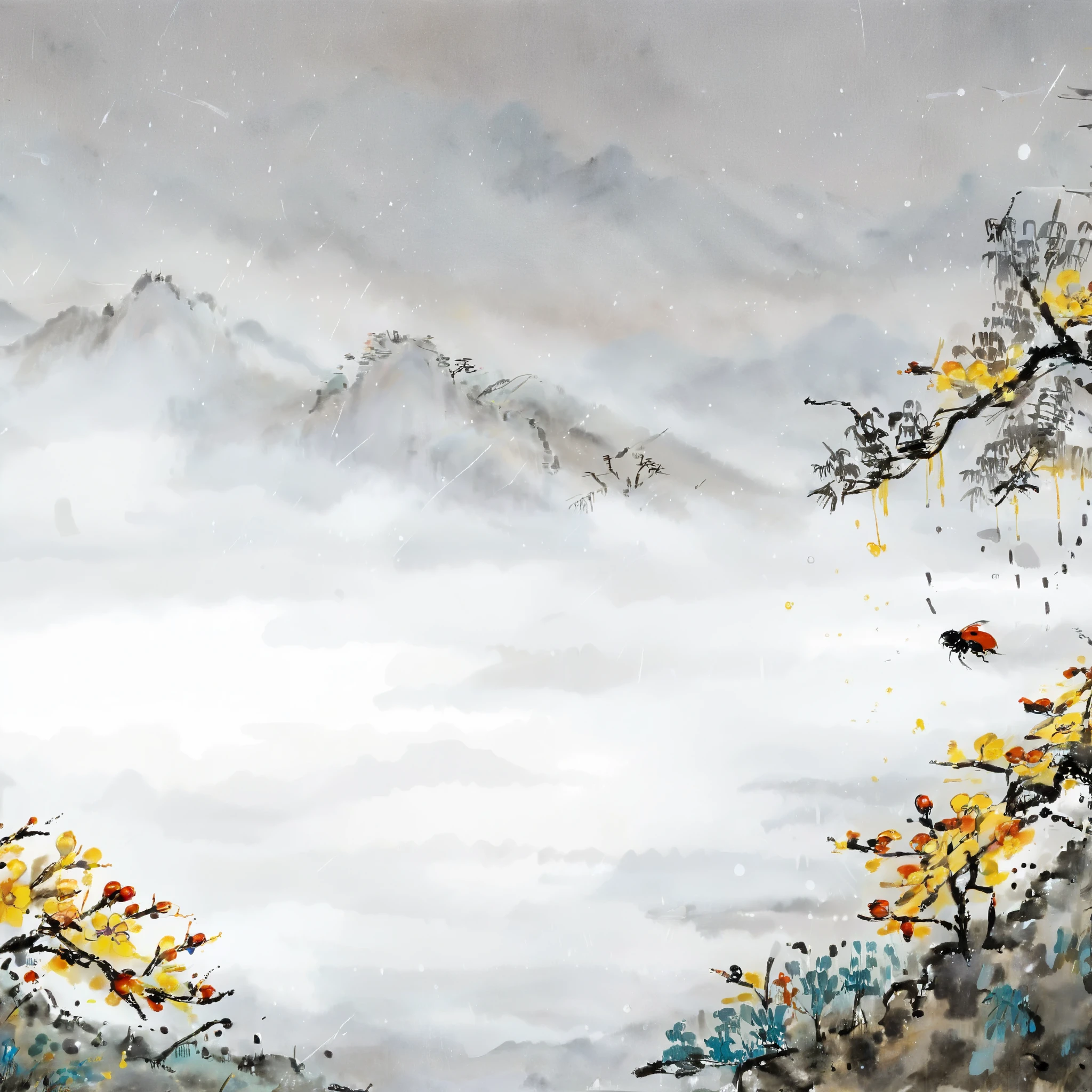 Ink painting, qi baishi, it's raining, long raindrops, two seven starred ladybugs are on the winter jasmine, winter jasmine, winter jasmine, long winter jasmine branches, yellow flowers, yellow flowers, close-up, no leaves, no leaves, focusing on winter jasmine, ink painting, traditional Chinese landscape painting, (large area of blank space, two-thirds composition: 2:3), clear new popular illustration landscape painting, parchment watercolor ink painting, Chinese style, watercolor ink painting, ink painting, (minimalist), minimalist, minimalist. Rice gray color, white background, ink painting style, ink painting, rice paper texture, clean, no text, quiet and ethereal, light white and light gray