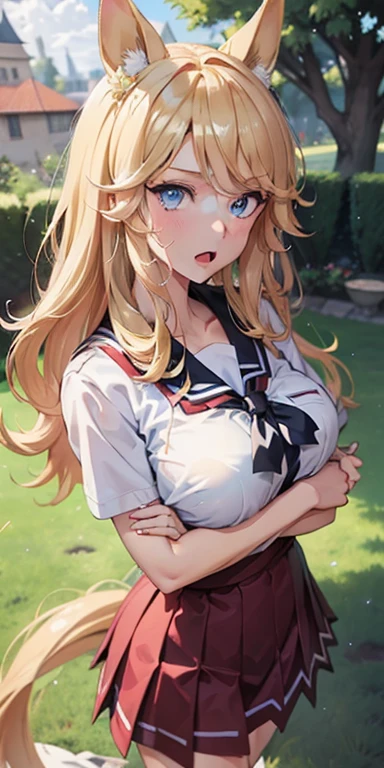 (masutepiece:1.4), ((Best Quality)), (Ultra-detailed), ((kawaii)), (Cute), (Upper body), (colouring), ((Extremely detailed)), 4K, (8K), Best Quality, (Beautiful), Illustration, Anime style, Dynamic Angle, shooting pose, Shake your chest, (from wildcard:1.4), heavy outline, clear outlines, Gradation, (full body focus), (English Garden), ,1girl in, Solo, (School Uniforms), (Beautiful colored eyes),slightly wheat-colored skin,(large ),Open mouth, Sweat, steam, sparkling effect, Lens Flare, shiny-glistening, gleaming