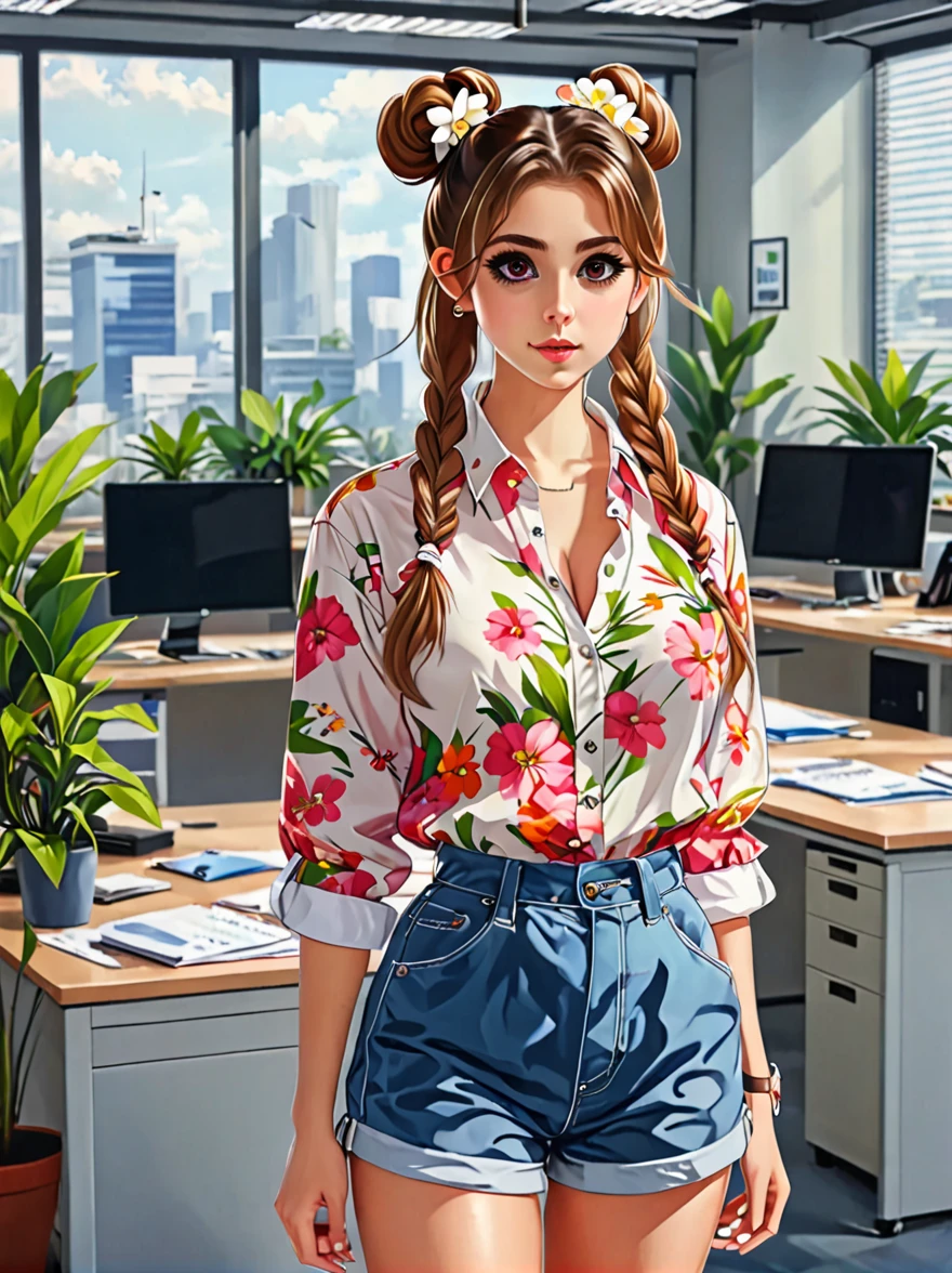 (masterpiece, best quality:1.2), 1girl, (solo:1.5)，big eyes，Cute expressions，Two hair buns，Floral shirt，Work clothes，White sneakers，Standing，interesting，Clear lines，Busy office background
