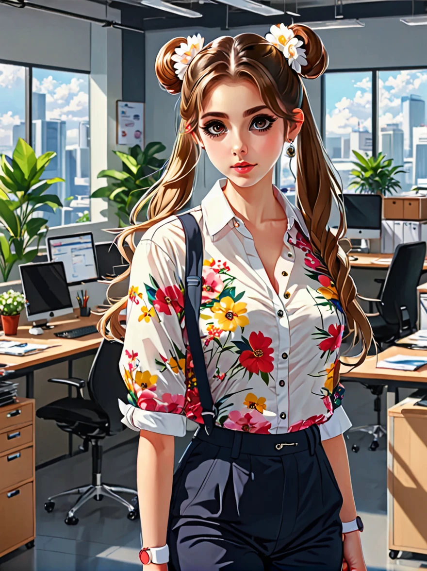 (masterpiece, best quality:1.2), 1girl, (solo:1.5)，big eyes，Cute expressions，Two hair buns，Floral shirt，Work clothes，White sneakers，Standing，interesting，Clear lines，Busy office background