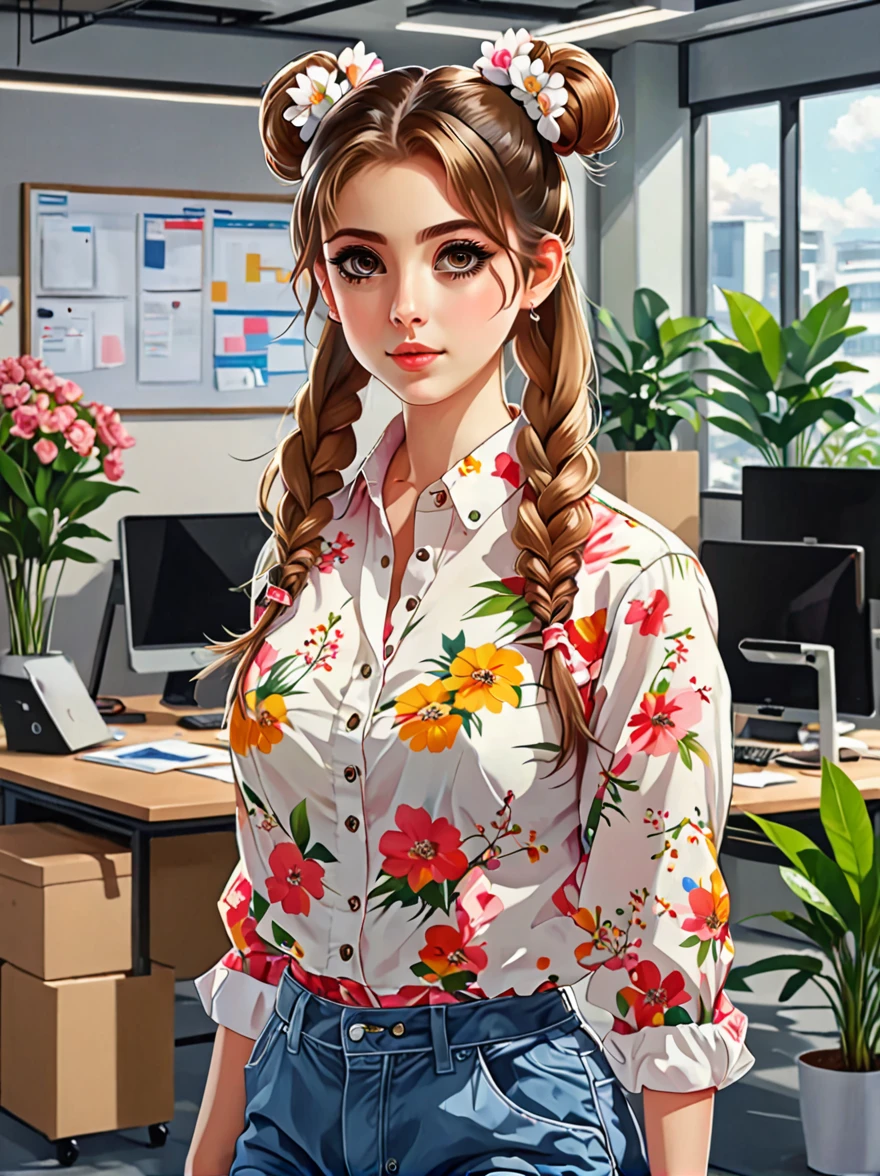 (masterpiece, best quality:1.2), 1girl, (solo:1.5),big eyes,Cute expressions,Two hair buns,Floral shirt,Work clothes,White sneakers,Standing,interesting,Clear lines,Busy office background