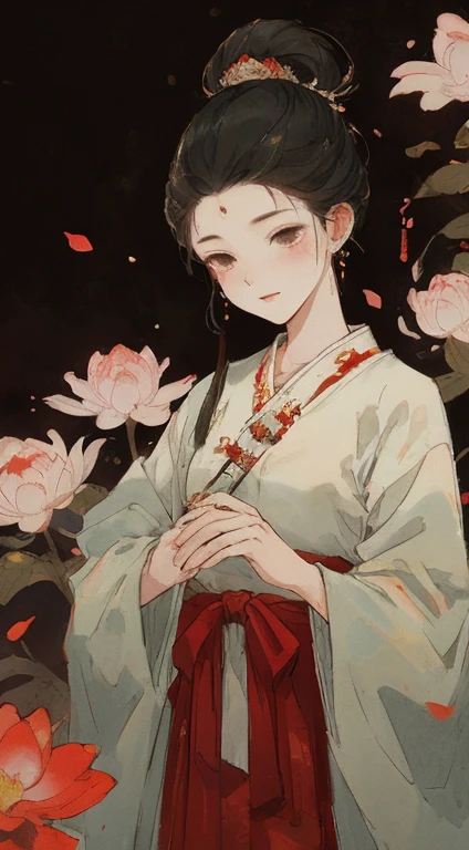 Stunning beauty, (Milky skin: 1.3), Fine details, high resolution, wallpaper, 1 female, Solitary, skirt, Hair Accessories, (((Golden Red skirt)) ), flower, Long hair, Brown hair, shut up, Accessories, Long sleeve, Raise your hand, Wide sleeves, big eyes, Flowing hair, Hanfu, Hanfu, embroidery, Long skirt, Natural posture, 落flower, indoor, Fanning, lantern, 16K, HDR, high resolution, Depth of Field, (Film Grain: 1.1), Hiroyasu, Prime Time, (lens flare), Vignette, rainbow, (Color grading: 1.5),Chinese ancient style