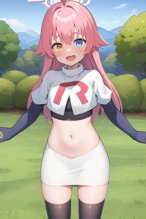 masterpiece, best quality, ultra-detailed, 1girl, hoshino, team rocket,team rocket uniform,white skirt,red letter R,crop top,black thigh-highs,black elbow gloves, outdoors 