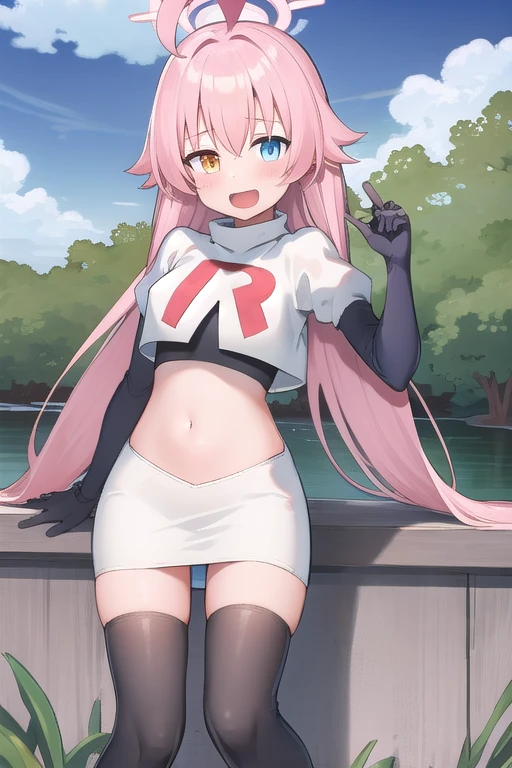 masterpiece, best quality, ultra-detailed, 1girl, hoshino, team rocket,team rocket uniform,white skirt,red letter R,crop top,black thigh-highs,black elbow gloves, outdoors