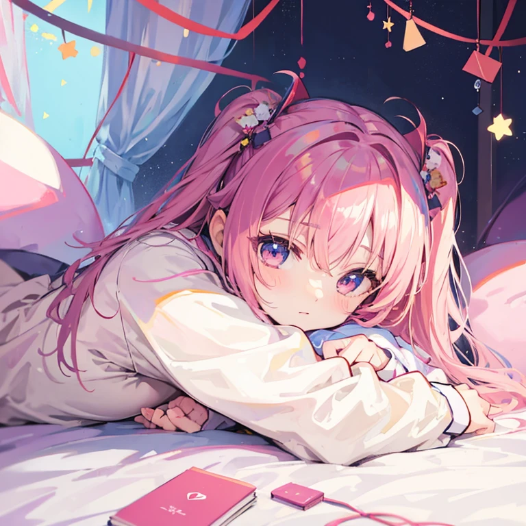 Chibi、Cute 1girl,Handsome face、*********、((( best composition、 best quality、 masterpiece、 super detailed、 high definition)))、 Pastel Colors 、A Kind World、Soft and fluffy、cute kigurumi、Nap、Macaron shaped comforter、