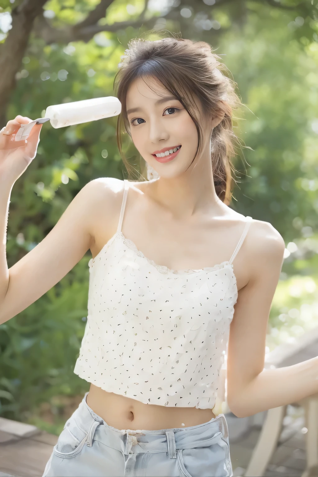 (on the table, best quality, Realistically, Ultra Detailed, meticulous, high resolution, 8k wallpaper), Close-up portrait of a beautiful woman, like, Smile, Light brown messy hair, Perfect dynamic composition, beautiful meticulous eyes, Just like the cover of a fashion magazine, On Campus