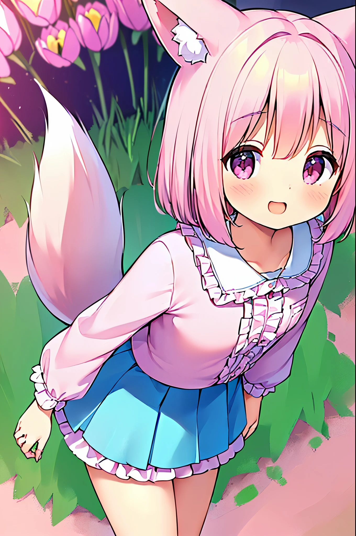 (((masterpiece))), (((最high quality))), (((high quality))), (((beautiful))), (((8K))), (((High resolution)) (((超High resolution))), (((High resolution))), (((Transcendent Technique Illustration))), (Pink Short Hair:1.3), (Pink fox tail:1.4), (Pink fox tail:1.2), Pink fox ears, (Pink Eyes), (Super small breasts:1.5), (Ultra-flat chest:1.4), (Cowboy Shot:1.3), (laughing:1.3), (Tulip flower field:1.3), (Super cute pink blouse with frills:1.3), (Blue pleated skirt with frills:1.3), (look up:1.4), (Leaning forward:1.5), (From above:1.4)