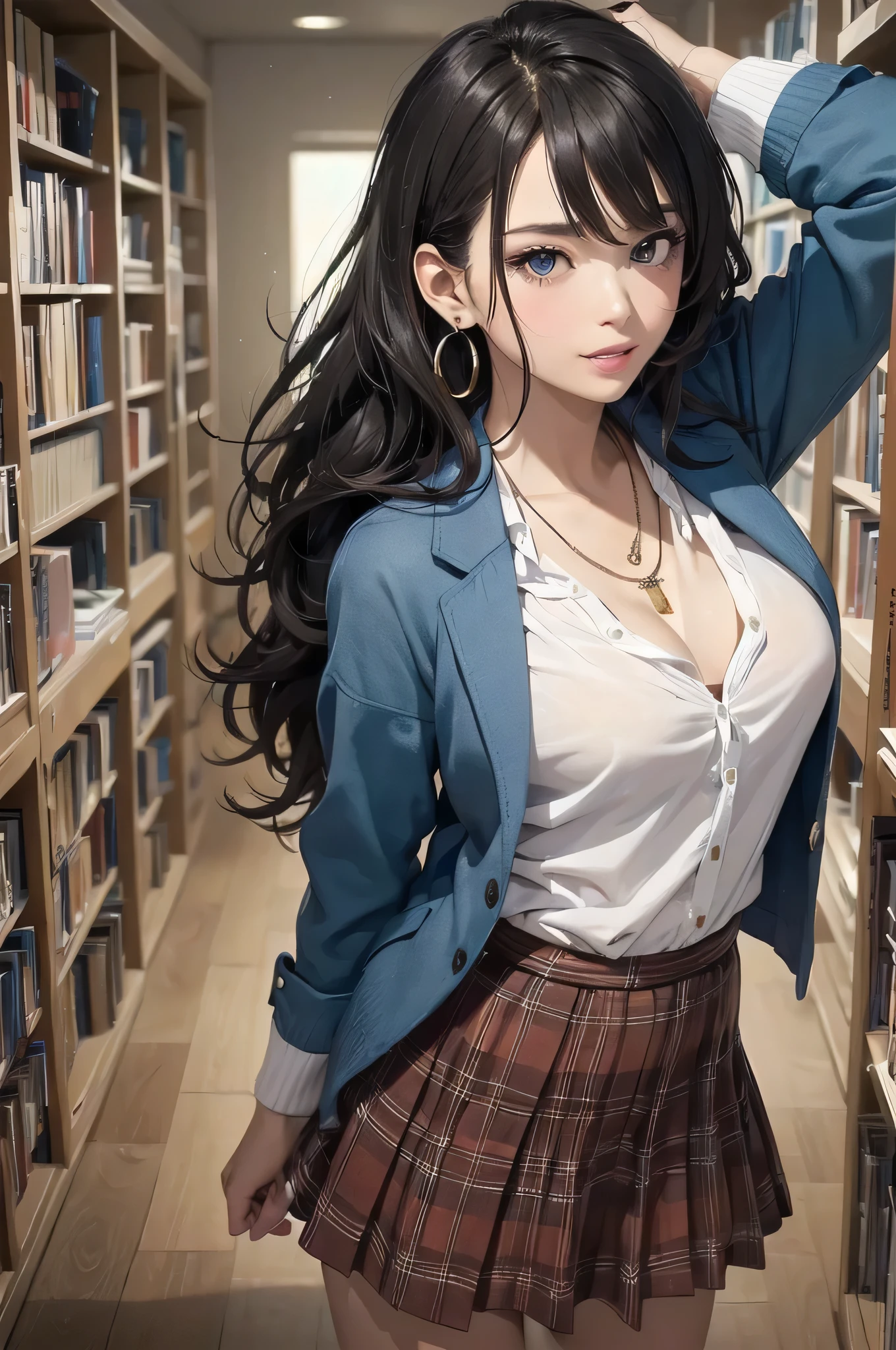 (Masterpiece: 1.3), (Maximum resolution: 1.2), (Ultra HDTV: 1.2), Cinema light, Ultra HDTV, (Detailed eyes and skin), (Detailed facial features), HDR, 8k resolution, Sharp Focus: 1.2, Perfect style, beautiful face, accurate, anatomically correct, highly detailed face and skin texture, detailed eyes, Dark-blue eyes, double eyelids, thin eyebrows, glitter eyeliner: 1.2, natural cheeks, glossy skin, fair skin: 1.2, shiny little necklace and earrings, (glossy lips: 1.4), BREAK, first-person-view, (she is high school student), (Wearing a Button up shirt, pleated mini skirt, Navy tie, high socks), (seductive smile: 1.2), (Looking at me), ((Innocent and Cute girl:1.3)), (layered Hairstyle, wavy hair), (Light-brown hair:1.2), medium long hair, (Full body shot: 1.2), focus on face, ((Very intimate relationships: 1.2)), medium large breasts, ((Standing with seductive pose:1.2)), ((In An empty library)), from the side,