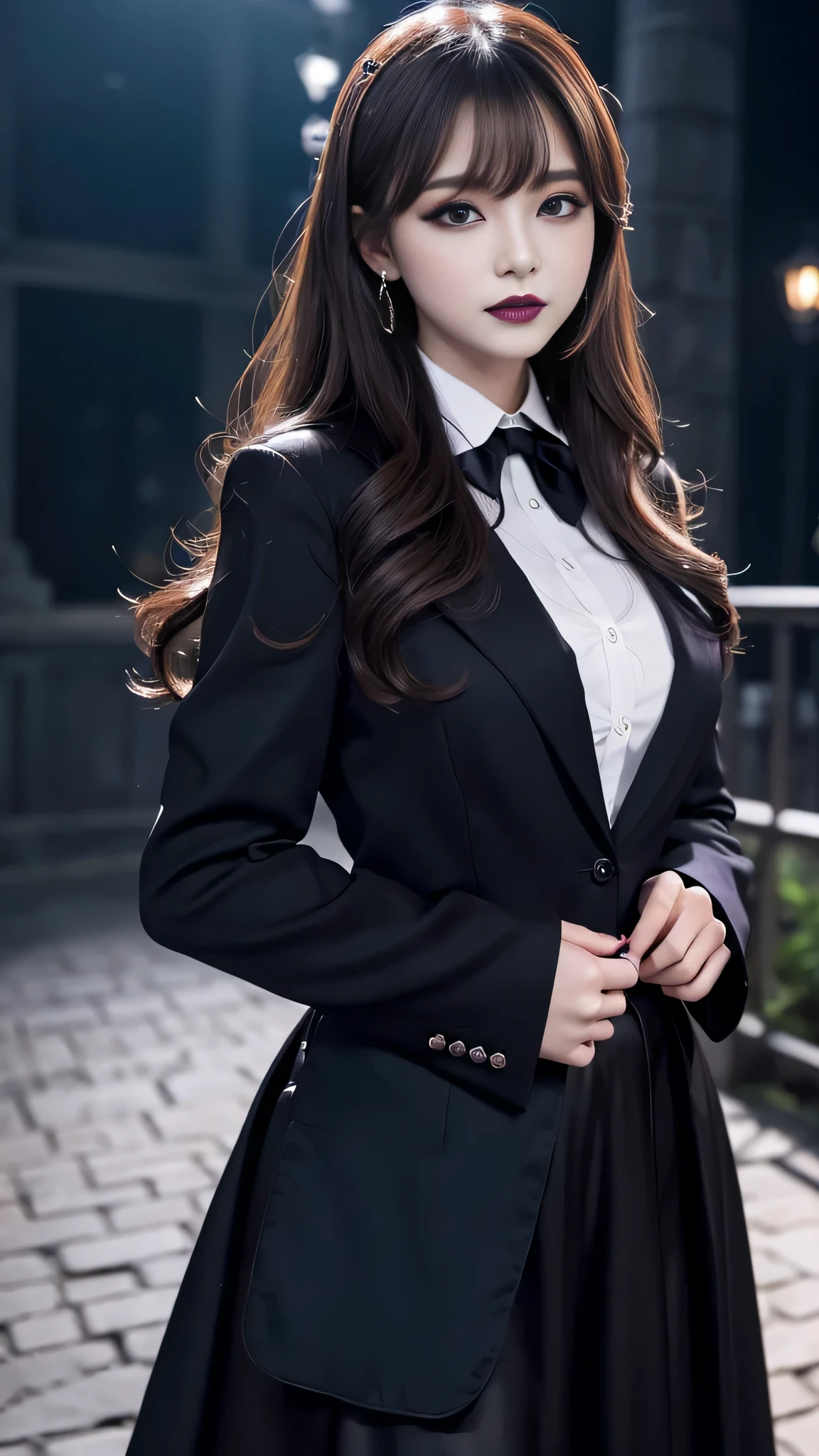 2girls、best quality、ultra-detailed、4k、Japanese、Seductive beauty、seductive adult woman、Pretty Woman、cool girl、Villainess、Brainwashed、brainwash、Fallen into evil、smirk、Evil look、Wicked Smile、evil、Brown hair、wavy hair、swept bangs、dark makeup、dark makeup、piercing eyes、hollow eyes,half-closed eyes、Hollow Eyes、Purple Eyeshadow、black lipstick、black lipglos、suit、Jacket、blouse、Black Ribbon、Long skirt、slit、Beautiful feet、Put your hands behind your back、night、Eerie Citadel、Are standing、