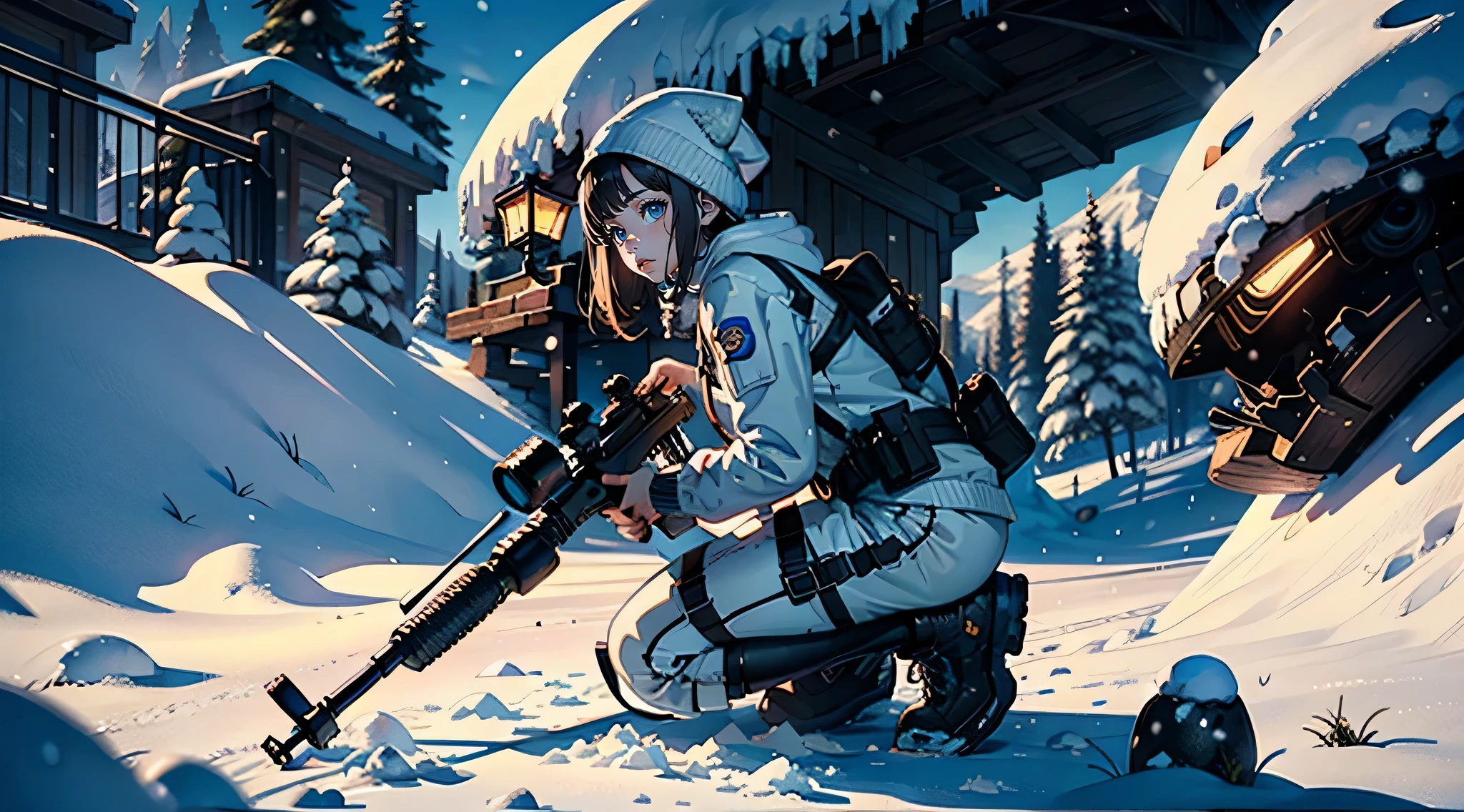masterpiece, highest quality, (Highly detailed CG Unity 8k wallpaper), (highest quality), (Best illustrations), (Best Shadow), Confused, Realistic lighting, (abyss), Beautiful and delicate shine,Random Pause, kneel, Girl Holding Sniper Rifle, Snow Mountain, White clothes, Snow camouflage, Beautiful profile,