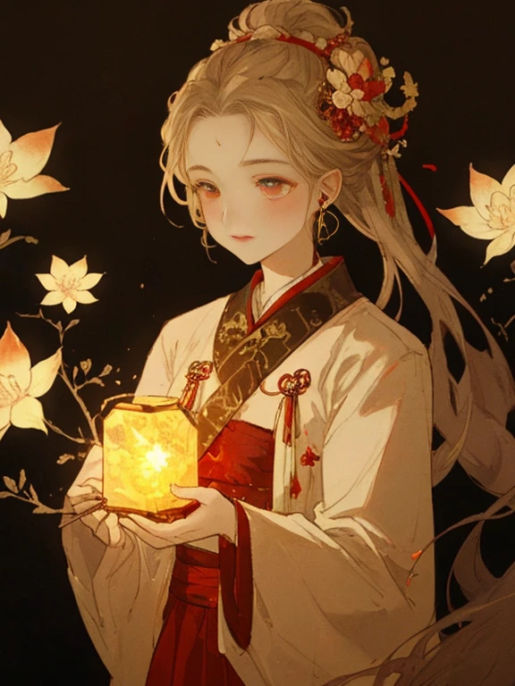 Stunning beauty, (Milky skin: 1.3), Fine details, high resolution, wallpaper, 1 female, Solitary, skirt, Hair Accessories, (((Golden Red skirt)) ), flower, Long hair, Brown hair, shut up, Accessories, Long sleeve, Raise your hand, Wide sleeves, big eyes, Flowing hair, Hanfu, Hanfu, embroidery, Long skirt, Natural posture, 落flower, indoor, Fanning, lantern, 16K, HDR, high resolution, Depth of Field, (Film Grain: 1.1), Hiroyasu, Prime Time, (lens flare), Vignette, rainbow, (Color grading: 1.5), 8K Wallpaper, Super Detail, 32k,background fire