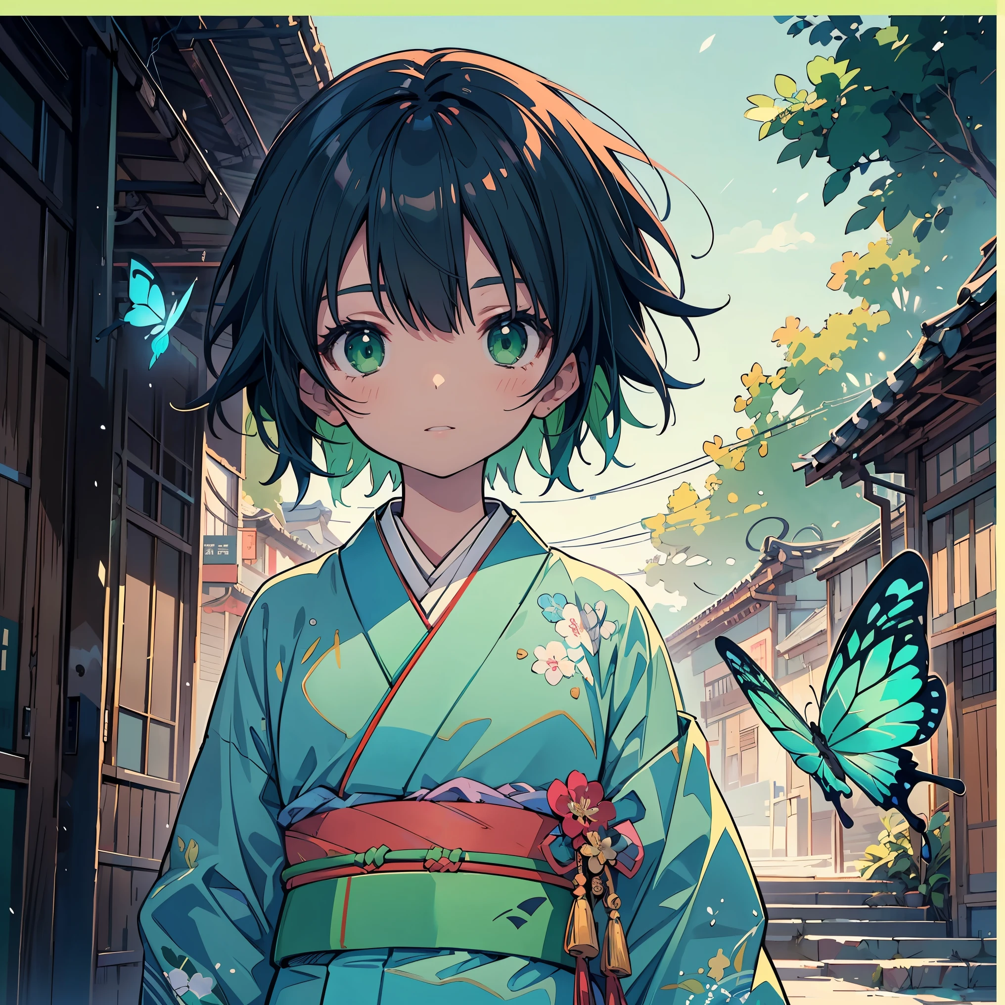 (masterpiece:1.2), (highest quality:1.2), Ultra-high resolution, Super detailed, Character Sheet, Perfect Eyes, Perfect Face, Perfect lighting,((Standing anime girl)), front、whole body, Surreal girl, (one person,Lolita,boyish, , 13 years old:1.3),Full Finger,, Androgynous charm, (Very short hair), Black Hair, Messy Hair, small and soft breasts,Slender body, Small Ass, Small green eyes,Detailed and beautiful eyes, Well-proportioned iris and pupil, Expressive eyes, Beautifully detailed lips, High resolution detailed hair, ((light green kimono:1.4)),(Red butterfly embroidery),(Gorgeous kimono), Ultra-dense skin, Image of Kyoto, ((noon)), Gweiz-style artwork, Makoto Shinkai&#39;s art style, lofi portrait, Digital anime art, Makoto Shinkai style, LOFI Girl, Anime-style illustrations, lofi art style, Anime illustration