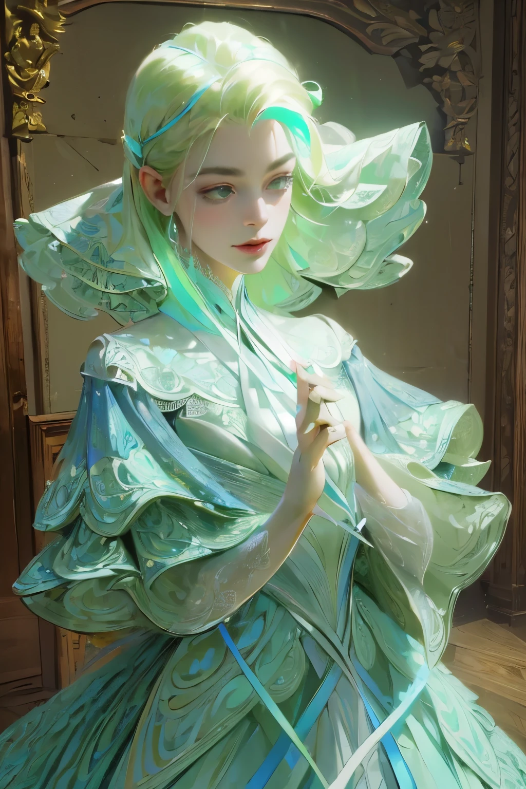 ((High quality work)), Clean and simple lines, The green dress and beautiful ruffled lace complement each other, Enriches the layering of the entire picture, Elegant Edwardian lace dresses and princess dresses add a lot of color to the characters, Gesture with hands behind back , It also shows the gentle and elegant side of women.