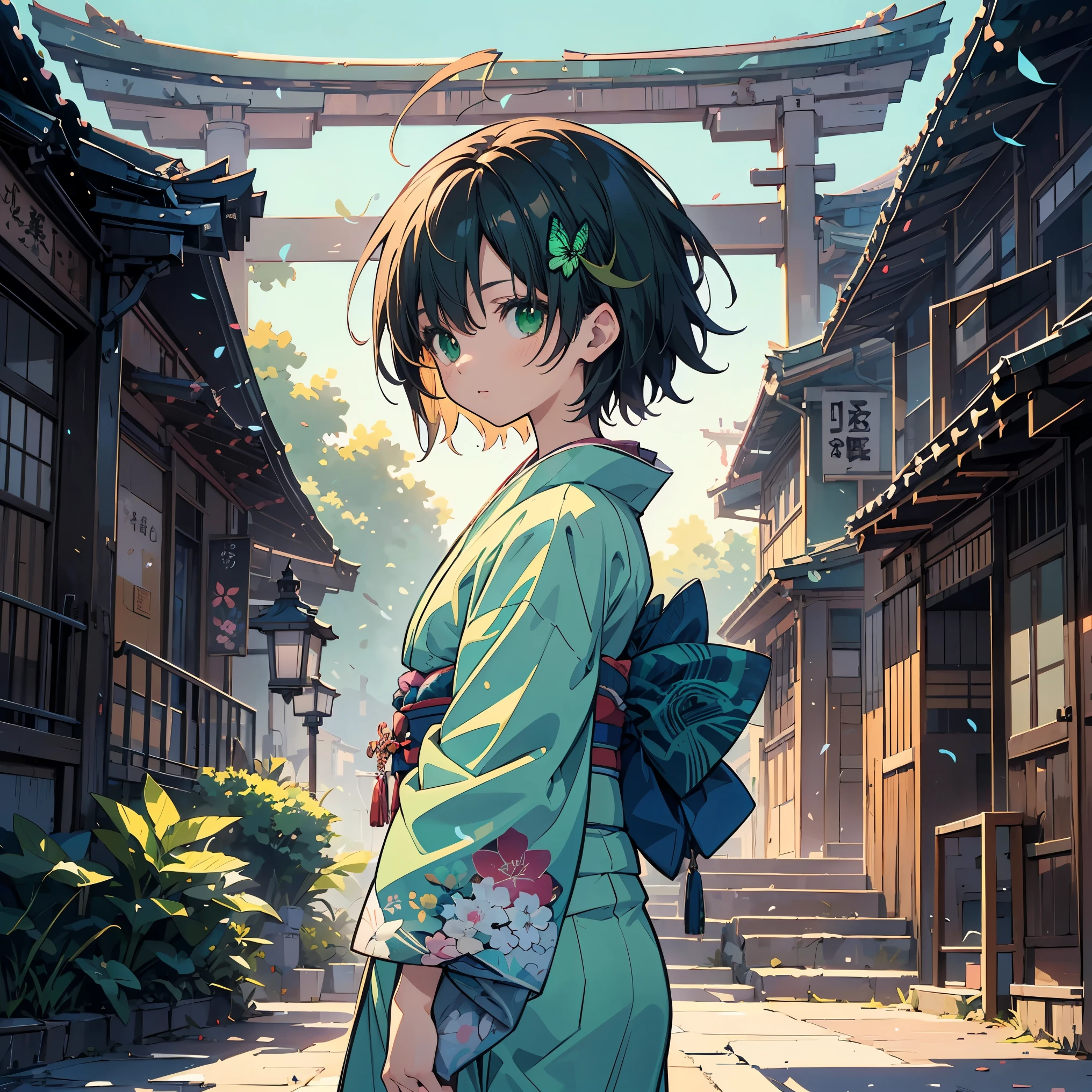 (masterpiece:1.2), (highest quality:1.2), Ultra-high resolution, Super detailed, Character Sheet, Perfect Eyes, Perfect Face, Perfect lighting,((Standing anime girl)), front、whole body, Surreal girl, (one person,Lolita,boyish, , 13 years old:1.3),Full Finger,, Androgynous charm, (Very short hair), Black Hair, Messy Hair, small and soft breasts,Slender body, Small Ass, Small green eyes,Detailed and beautiful eyes, Well-proportioned iris and pupil, Expressive eyes, Beautifully detailed lips, High resolution detailed hair, ((light green kimono:1.4)),(Red butterfly embroidery),(Gorgeous kimono), Ultra-dense skin, Image of Kyoto, ((noon)), Gweiz-style artwork, Makoto Shinkai's art style, lofi portrait, Digital anime art, Makoto Shinkai style, LOFI Girl, Anime-style illustrations, lofi art style, Anime illustration