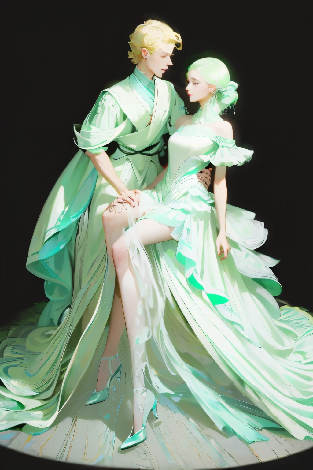 ((High quality work)), Clean and simple lines, The green dress and beautiful ruffled lace complement each other, Enriches the layering of the entire picture, Elegant Edwardian lace dresses and princess dresses add a lot of color to the characters, Gesture with hands behind back , It also shows the gentle and elegant side of women.