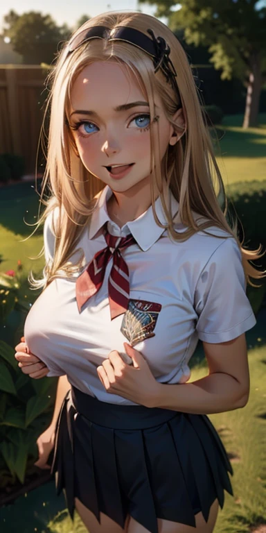 (masutepiece:1.4), ((Best Quality)), (Ultra-detailed), ((kawaii)), (Cute), (Upper body), (colouring), ((Extremely detailed)), 4K, (8K), Best Quality, (Beautiful), Illustration, Anime style, Dynamic Angle, shooting pose, Shake your chest, (from wildcard:1.4), heavy outline, clear outlines, Gradation, (full body focus), (English Garden), ,1girl in, Solo, (School Uniforms), (Beautiful colored eyes),slightly wheat-colored skin,(large tits),Open mouth, Sweat, steam, sparkling effect, Lens Flare, shiny-glistening, gleaming