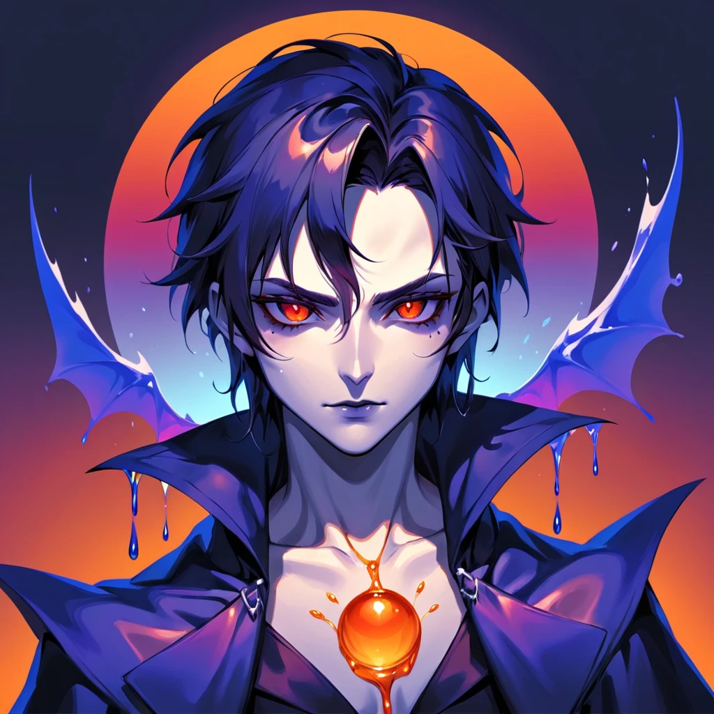Vampire with blue dark-purple glowing purple red and orange palette in liquid foil gradient art style
