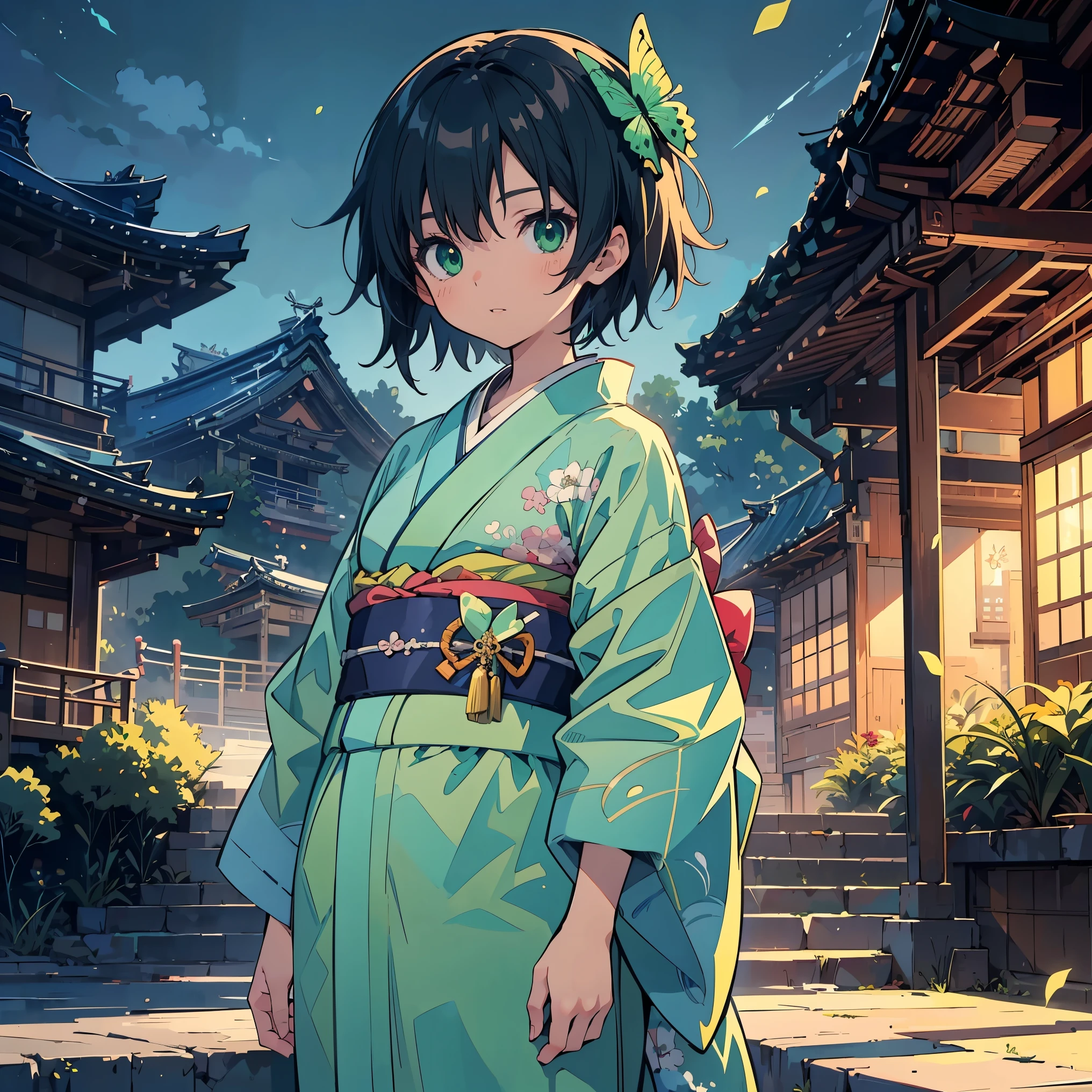 (masterpiece:1.2), (highest quality:1.2), Ultra-high resolution, Super detailed, Character Sheet, Perfect Eyes, Perfect Face, Perfect lighting,((Standing anime girl)), front、whole body, Surreal girl, (one person,Lolita,boyish, , 13 years old:1.3),Full Finger,, Androgynous charm, (Very short hair), Black Hair, Messy Hair, small and soft breasts,Slender body, Small Ass, Small green eyes,Detailed and beautiful eyes, Well-proportioned iris and pupil, Expressive eyes, Beautifully detailed lips, High resolution detailed hair, ((light green kimono:1.4)),(Red butterfly embroidery),(Gorgeous kimono), Ultra-dense skin, Image of Kyoto, ((noon)), Gweiz-style artwork, Makoto Shinkai's art style, lofi portrait, Digital anime art, Makoto Shinkai style, LOFI Girl, Anime-style illustrations, lofi art style, Anime illustration