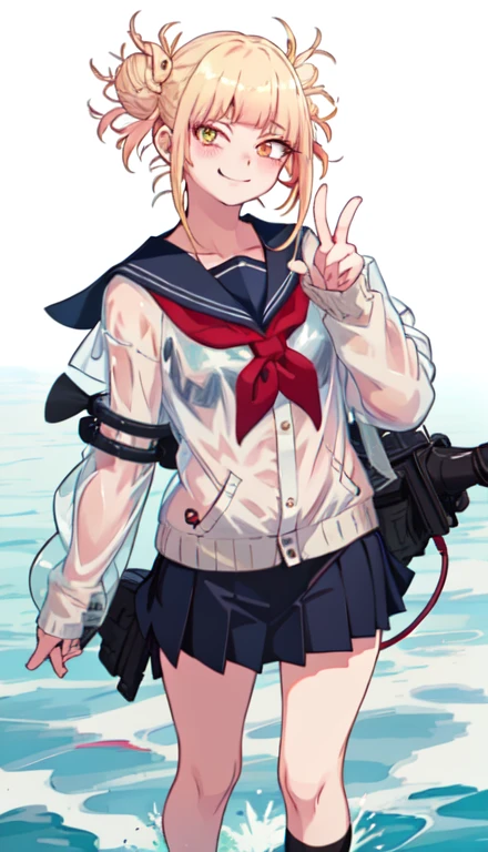 1 girl, smile, shirt, skirt, (small) chiralism, Japan high school , seravuk, summer clothes, squall-wet uniform, sheer bra, (portrait from knee up),