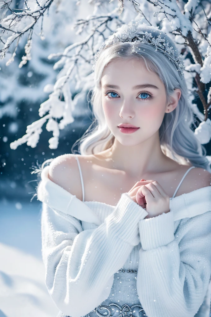 ( masterpiece, top quality, best quality,8k,17 years old girl,ultra detailed,raw photo:1.5),(photorealistic:1.4), (cinematic lighting), PerfectNwsjMajic, , Surrealism, UHD, ccurate, Super detail, textured skin, High detail, Best quality, dynamic angle, White skin,[Beautiful blue eyes], high nose,[flat chest:large breasts:0.5],(1girl),(good anatomy:0.5)),The white,A world covered in silver, branches covered with snow, cold winter touch, Snowflakes dance like elves, Turn the world into a silver fairy tale, Cold, Peaceful and beautiful snow scene, cozy calm, gorgeous princess dress ,white hair
