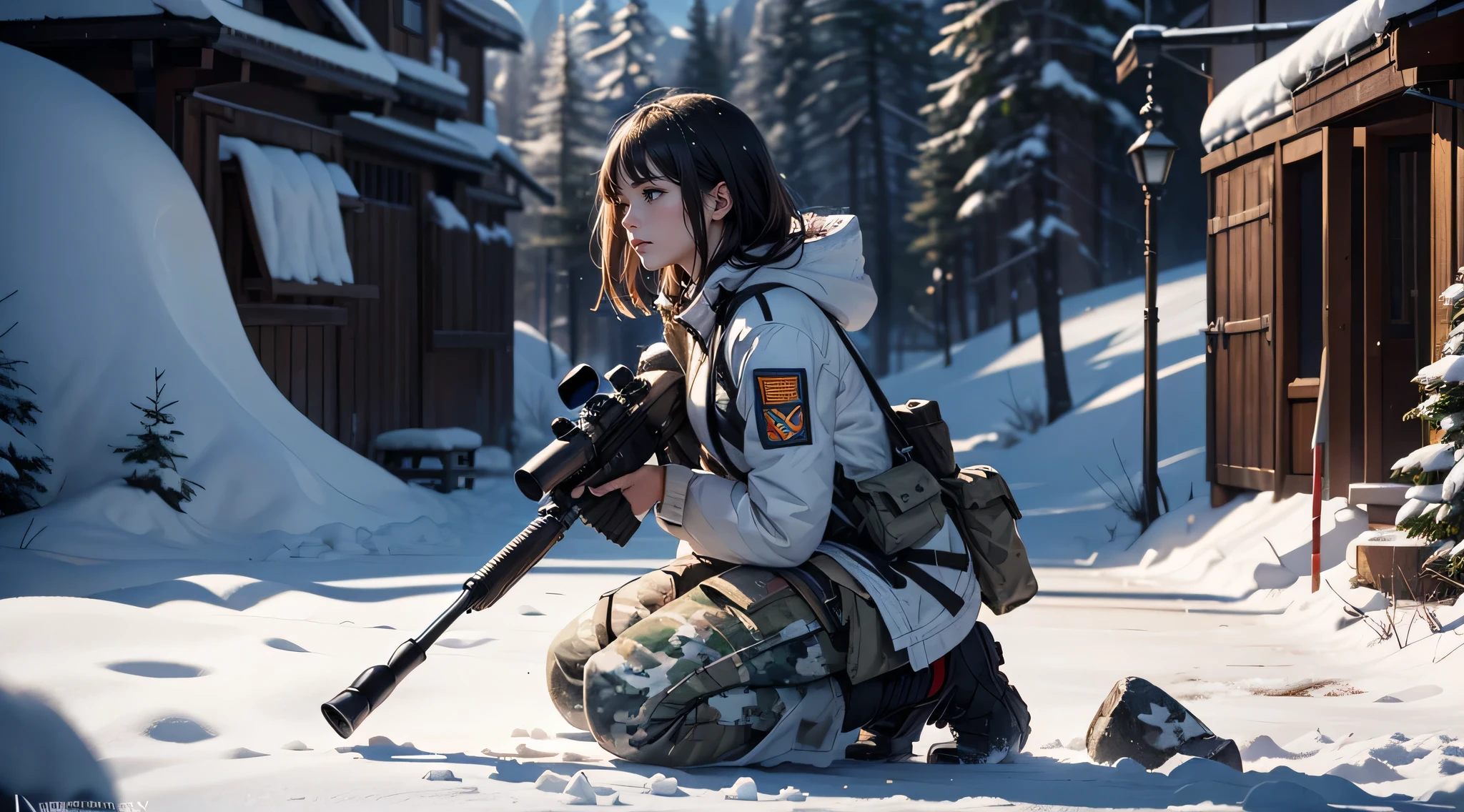 masterpiece, highest quality, (Highly detailed CG Unity 8k wallpaper), (highest quality), (Best illustrations), (Best Shadow), Confused, Realistic lighting, (abyss), Beautiful and delicate shine,Random Pause,  Close Combat, A girl kneeling and holding a sniper rifle, Looking through the scope,  Snow Mountain, White clothes, Snow camouflage, Beautiful profile,