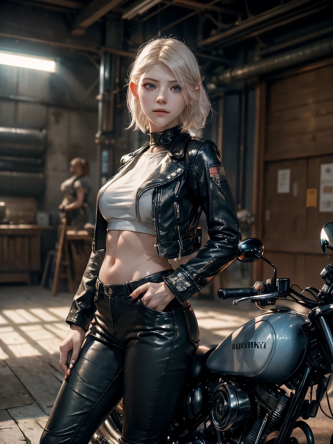 blonde short hair, vibrant blue eyes, white pale skin, ((katheryn winnick)), portrait, full leather clothes, rocker clothes, (Shy), elegant, gorgeous face, mechanical workshop scenario, motorbiker scene High detail RAW colored art, (detailed skin, skin texture), (muscle), intricate details, fine details, hyperdetailed, ray tracing, subsurface scattering, diffuse soft lighting, shallow depth of field, by (Oliver Wetter) Atey Ghailan, by Jeremy Mann, Greg Manchess, Antonio Moro, trend at ArtStation, trend at CGSociety, Intricate, High Detail, Sharp focus, dramatic and photorealistic painting art by midjourney and greg rutkowski, bokeh in the background, motorbiker club jacket, best quality, masterpiece, only 1girl, Halfbody portrait, natural bright ambient, look at the viewer, t-shir, leather pantss, leather jacket, harley motorbike