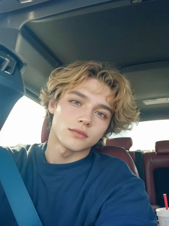 Un joven arafed sentado en un auto con una bebida en la mano., he has short curly brown hair, headshot foto de perfil, Connor Hibbs, cara perfecta y chico, Dylan Cole, xqc, clina cristiana, taken in the early 2020s, tiro en la cabeza de medio cuerpo, su cabello es desordenado y salvaje, tyler, foto de perfil