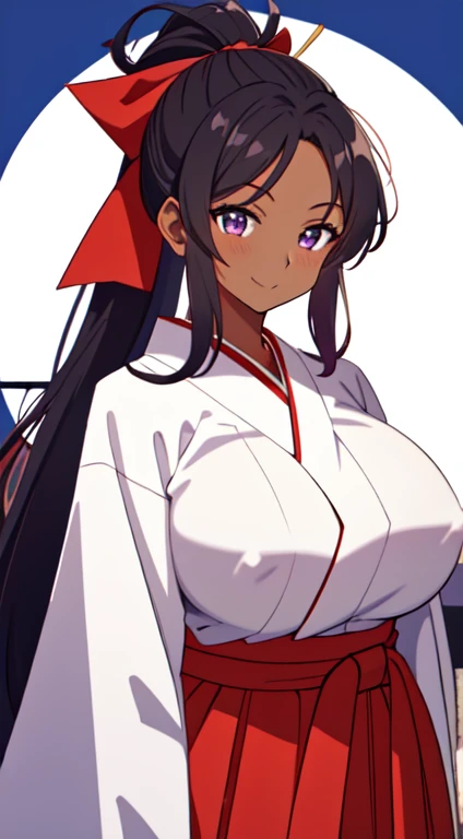 masterpiece, best quality, anime Illustration, 4k, 1 girl, solo, standing, long hair, black hair, violet eyes, high ponytail, red hair ribbon, red ribbon, red hakama and white kimono, thin fabric, nipples, erect nipples, big breasts, huge breasts, looking_at_viewer, motherly smile, upper_body, dark skin, ((Village background:1.0)), ((dark skin: 1.5)), , ((parted bangs: 1.4)),  parted bangs, large forehead, purple eyes, red hakama