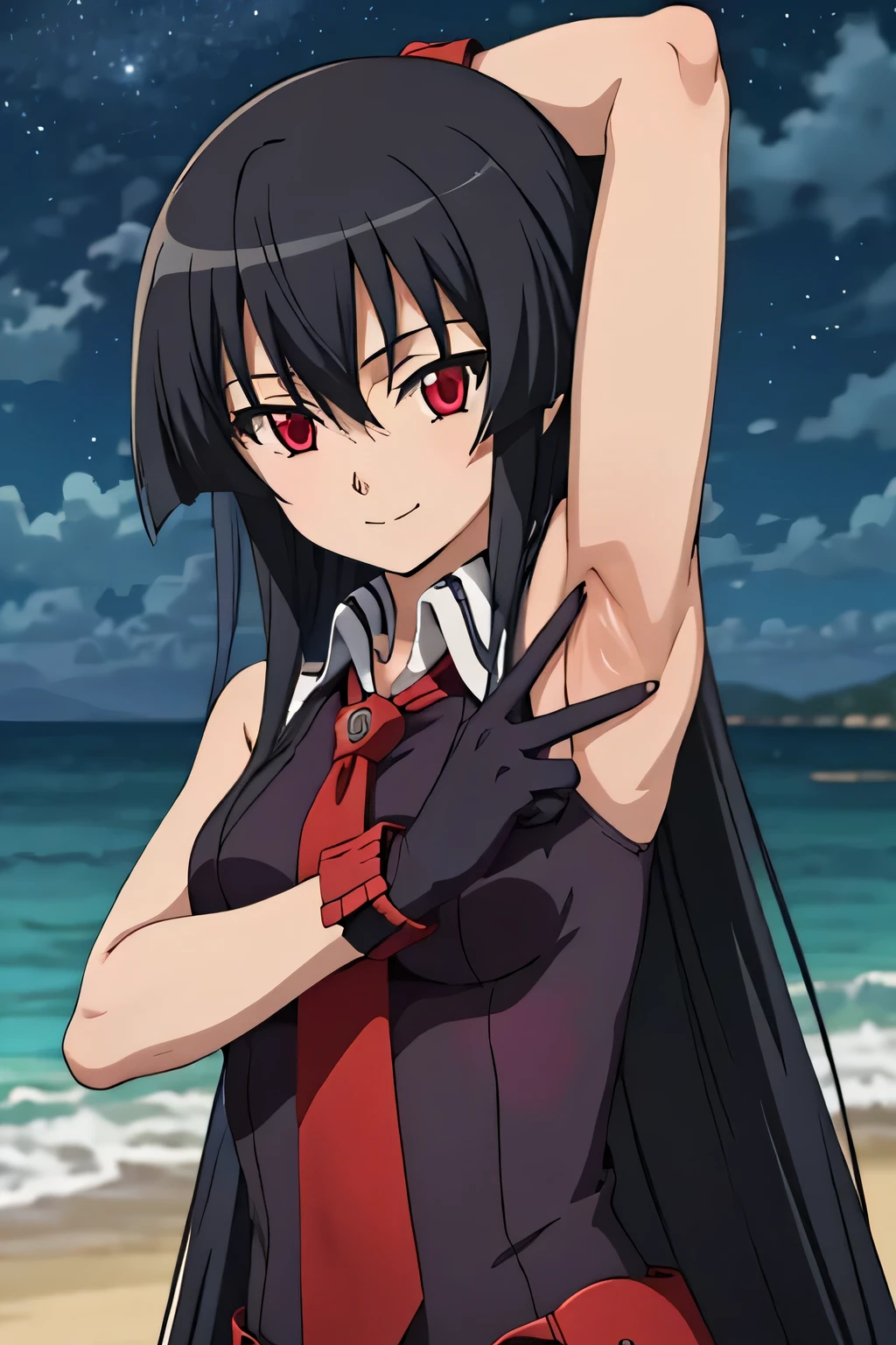 solo, 1girl, looking at viewer, 2D, anime, anime coloring, akame, necktie, sleeveless, looking at viewer, closed mouth, small smile, solo, night sky, beach, arms behind head, contrapposto, spread armpits, closed mouth, smile, upper body,