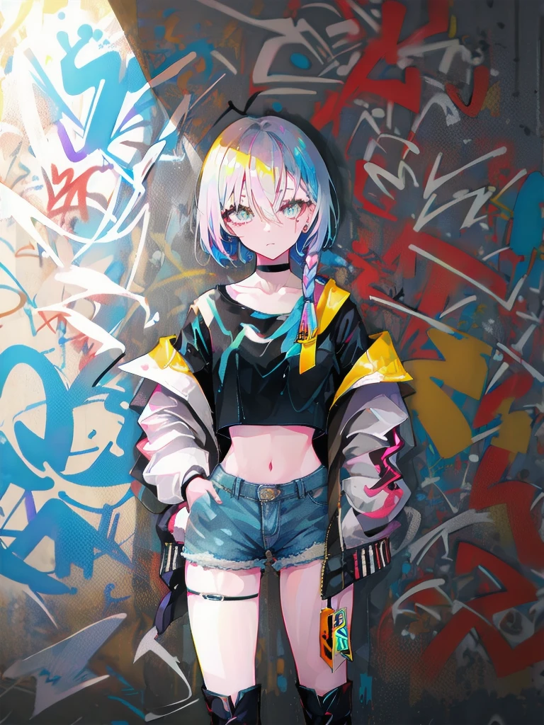 (best quality,1 woman,alone),(striped hair:white),(crop top:white),(sukajan coat),(dark denim shorts),(choker),(graffiti:1.25),(splash of color),(nonsense),(lean back),(leaning against the wall),(tilt to the side:0.125),(watch the audience),(armband),(thigh strap),(paint on body),(eyes aimed upwards),(heading down),(tilt your head),(from the side:0.9),(expressionless:0.75),(hand into pocket)