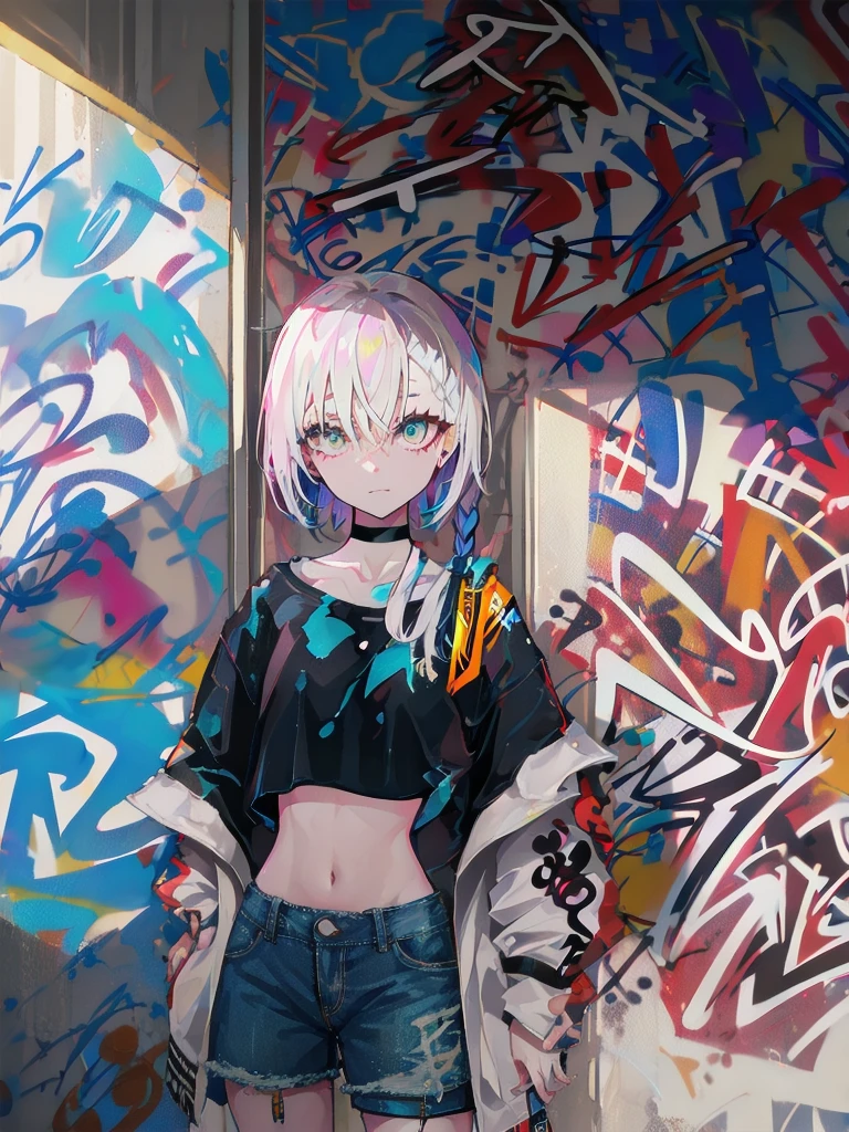 (best quality,1 woman,alone),(striped hair:white),(crop top:white),(sukajan coat),(dark denim shorts),(choker),(graffiti:1.25),(splash of color),(nonsense),(lean back),(leaning against the wall),(tilt to the side:0.125),(watch the audience),(armband),(thigh strap),(paint on body),(eyes aimed upwards),(heading down),(tilt your head),(from the side:0.9),(expressionless:0.75),(hand into pocket)