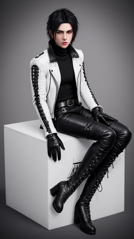 Final Fantasy-inspired graphics, young cute cool japanese boy, Thin eyebrows and big eyes, He is wearing a shiny off-white leather single-breasted jacket., with epaulettes, The jacket is zip-up, The pattern on the jacket is a little black line., The jacket has a high stand-up collar with a belt, Black turtleneckも着用, black leather pants,Tight, thin black leather gloves on both hands, Black leather knee-high lace-up boots,show, show head-to-toe, whole body, Final Fantasy Style、good looking、Clear eyes and nose、((White single leather jacket))、Black turtleneck、((black leather pants))、((Black leather gloves on both hands))、((Black lace-up leather long boots))、View from head to toe、Realistic image quality and texture