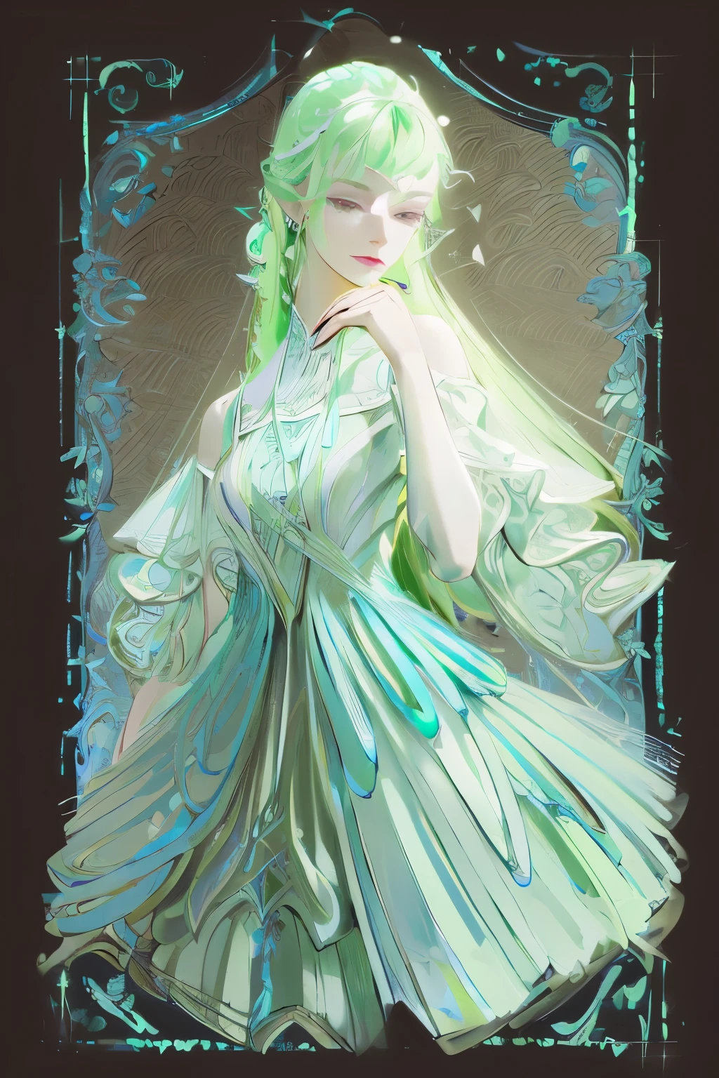 ((High quality work)), Clean and simple lines, The green dress and beautiful ruffled lace complement each other, Enriches the layering of the entire picture, Elegant Edwardian lace dresses and princess dresses add a lot of color to the characters, Gesture with hands behind back , It also shows the gentle and elegant side of women.