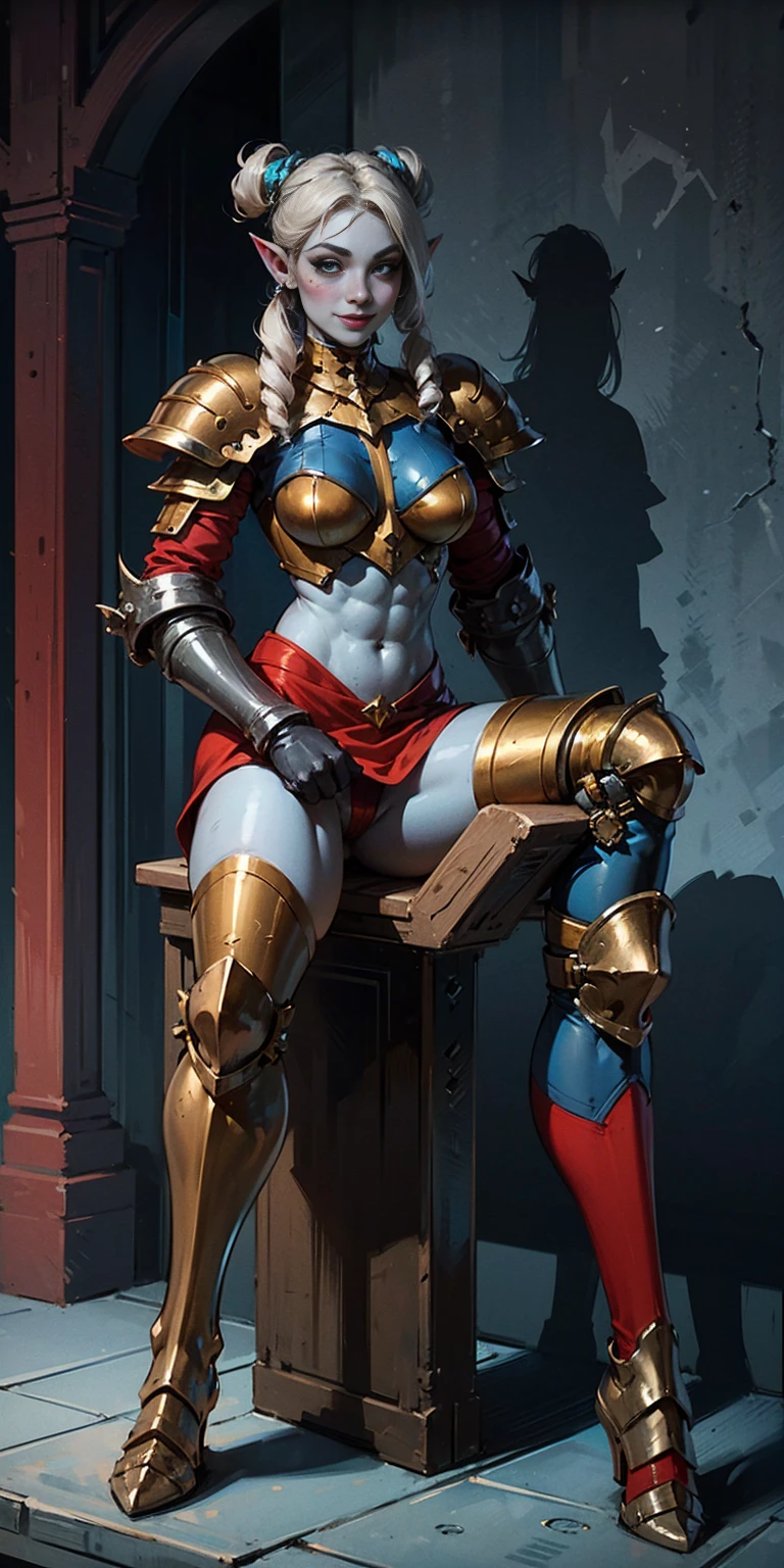 full body sitting on a bench showing ass to me, BLUE breastplate, BLUE skin (1girl)(BLUE skin:1.2), looking at viewer, shiny, armor, thigh highs, high boots, pauldrons shoulder armor, faulds, poleyn, gloves, gauntlets, rerebrace armored boots, (masterpiece, best quality, ultra-detailed, best shadow) yordle pointy ears muscular lean platinum blonde long twin-tails hairstyle at the office lustful smirking smile face red blushed, blush, strong abs, female body builder, tiara, twin drills hair