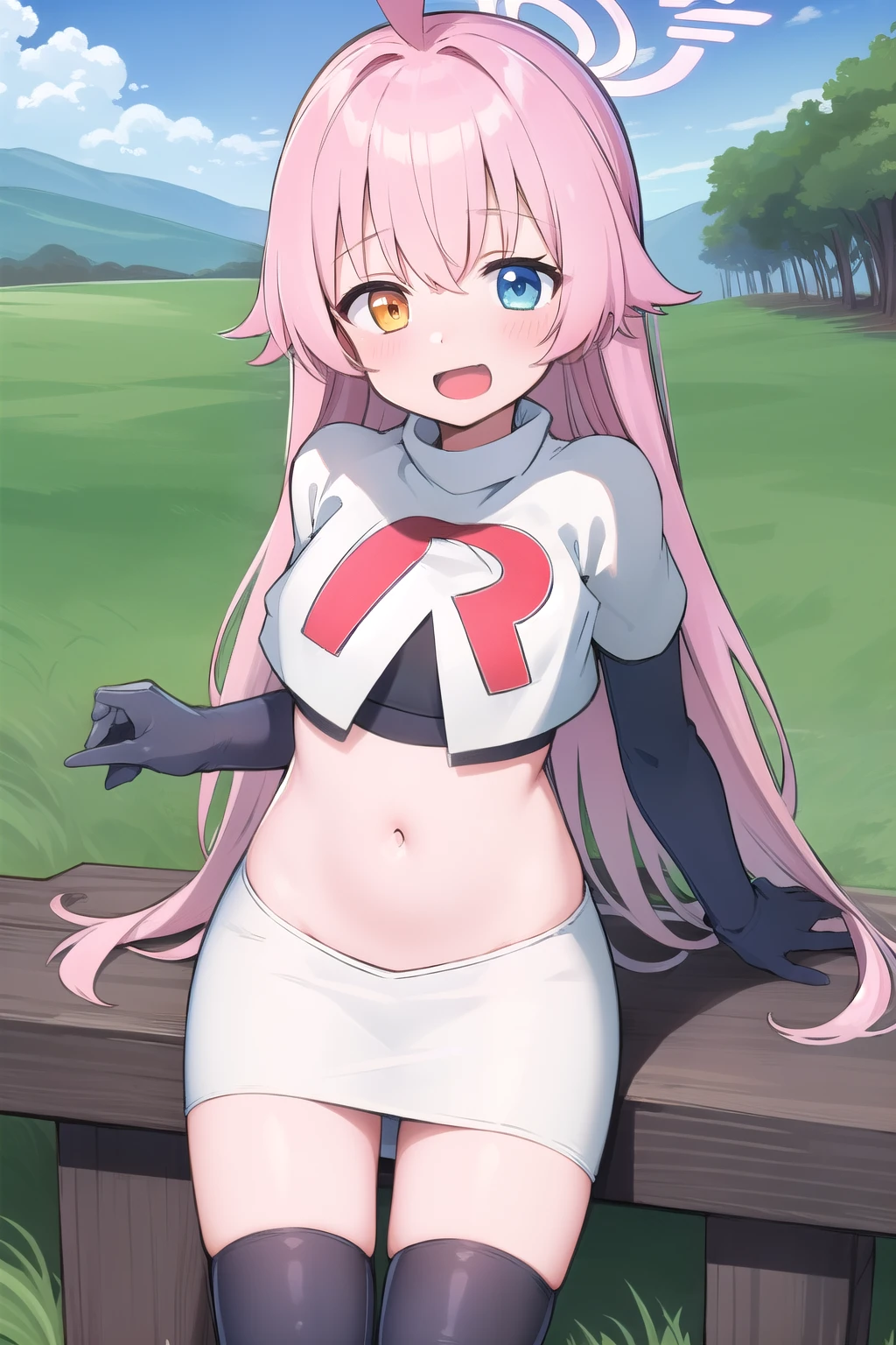masterpiece, best quality, ultra-detailed, 1girl, hoshino, team rocket,team rocket uniform,white skirt,red letter R,crop top,black thigh-highs,black elbow gloves, outdoors