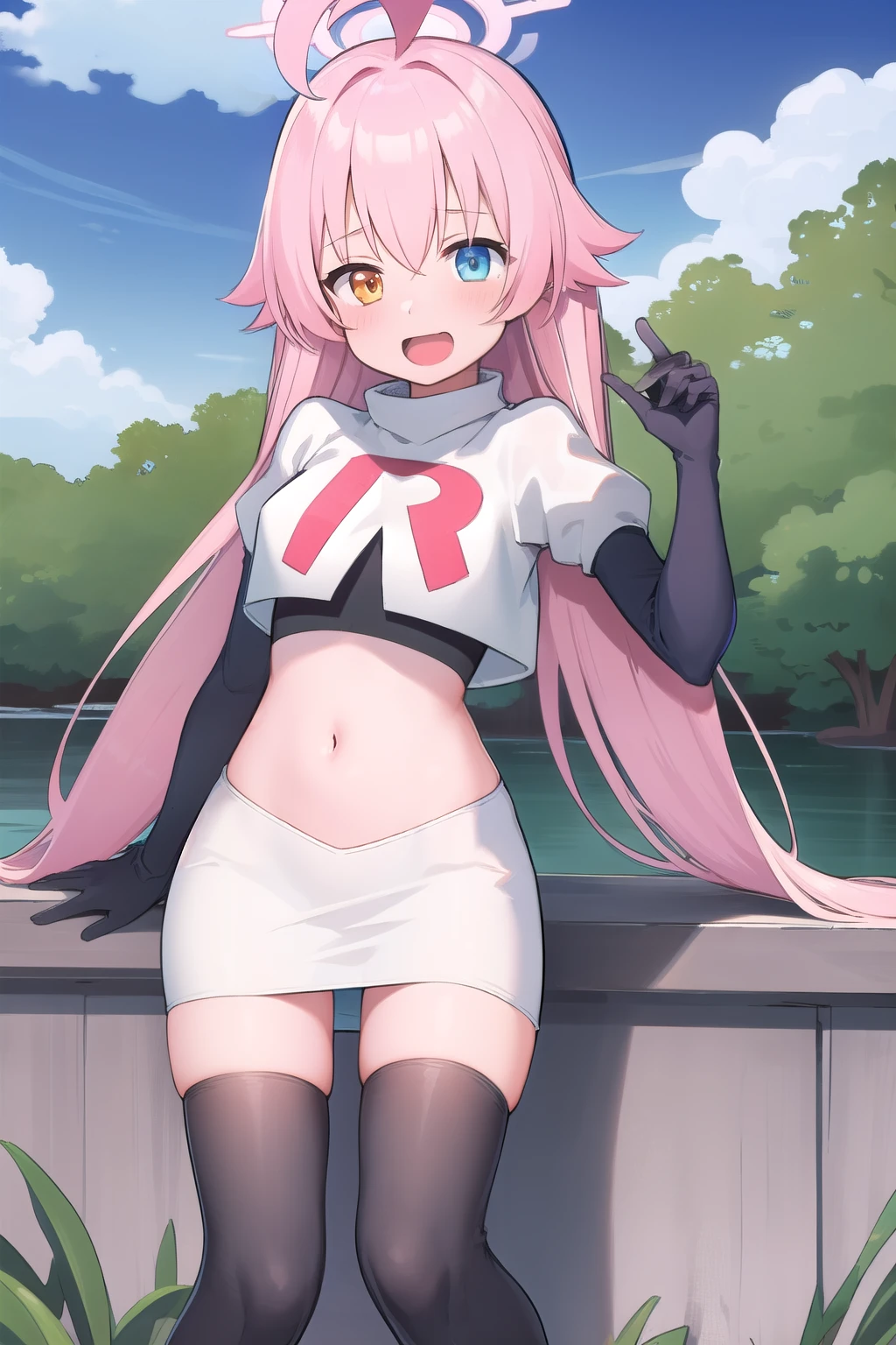 masterpiece, best quality, ultra-detailed, 1girl, hoshino, team rocket,team rocket uniform,white skirt,red letter R,crop top,black thigh-highs,black elbow gloves, outdoors
