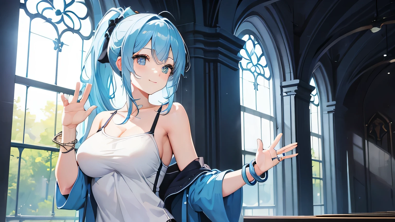 One Girl Beautiful girl with light blue hair in a ponytail Beautiful eyes shoulders exposed camisole Big Breasts Facing forward Inside the church smile fine Waving Wearing a bracelet Wearing a ring