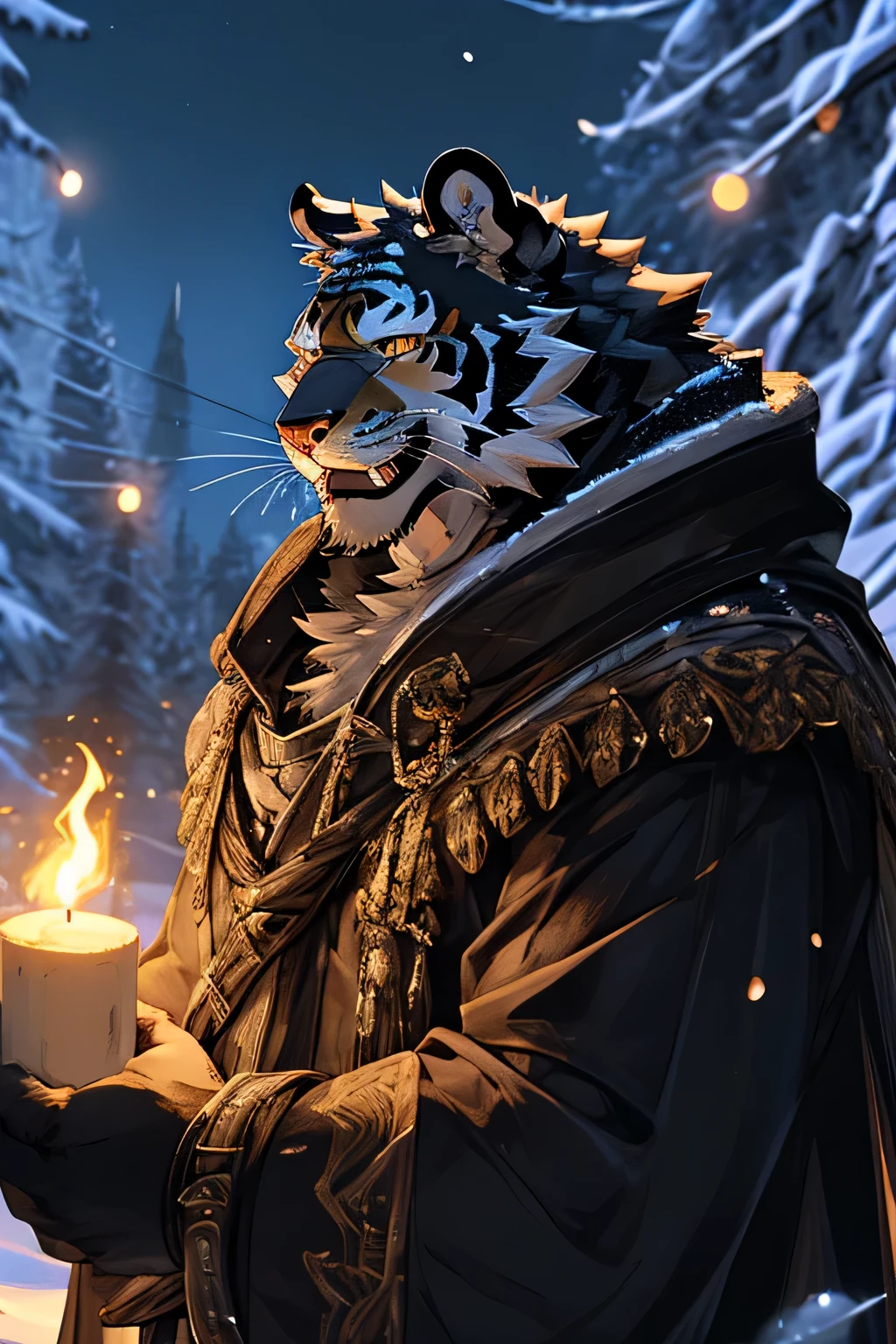 ((best quality)), ((masterpiece)), (detailed), Perfect face,Solitary,cannon,night,fantasy,snow,thunder,Black fur,golden stripes,Human Black Tiger.No clothes, in the snow，In the forest on the outskirts of the city.Golden Eyes,Full body portrait,Looking at the camera，Laughing，