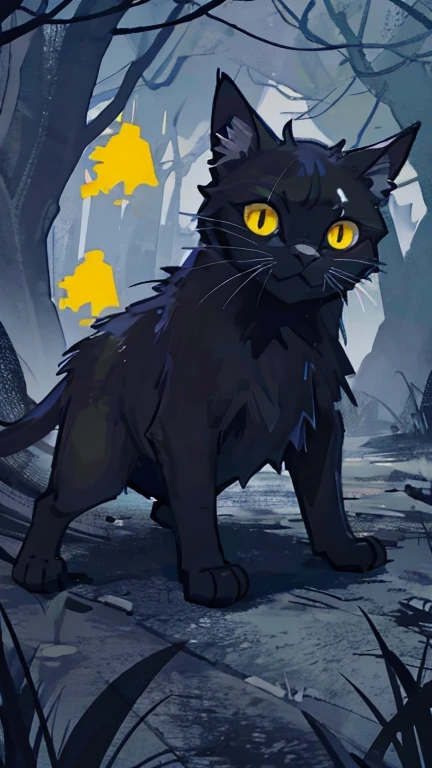 Terrifying black cat with yellow eyes in the middle of a dark forest 