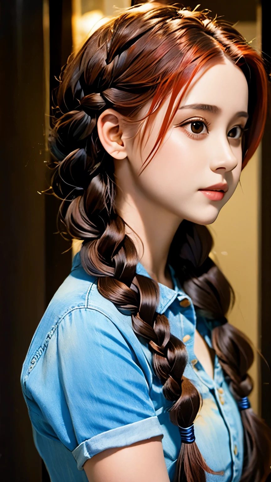 a close up of a woman with long hair wearing a denim shirt, two braids, braided brown hair, red braided hair, braided hair. nightime, braids, gorgeous hair, complex redhead braided hair, woman with braided brown hair, red intricate long braids, pigtail braids, braid hairstyle, long braided hair, beautiful hair, pigtails hairstyle