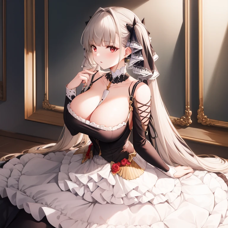 (masterpiece, best quality1.2),illustration,8k,hd,1girls,solo,upper body,(portrait:1.2),long_hair,large_breasts,red_eyes,very_long_hair,bangs,twintails,ribbon,grey_hair,cleavage,hair_ribbon,two-tone_ribbon,between_breasts,black_dress,dress,frills,bare_shoulders,frilled_dress,long_sleeves,two-tone_dress,jewelry,earrings,indoors