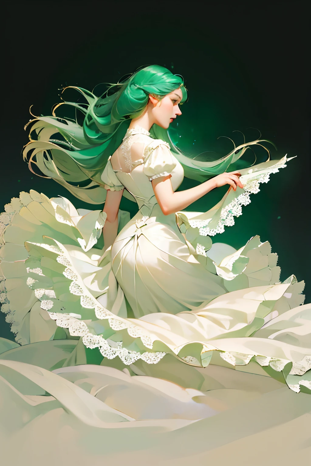 ((High quality work)), Clean and simple lines, The green dress and beautiful ruffled lace complement each other, Enriches the layering of the entire picture, Elegant Edwardian lace dresses and princess dresses add a lot of color to the characters, Gesture with hands behind back , It also shows the gentle and elegant side of women.