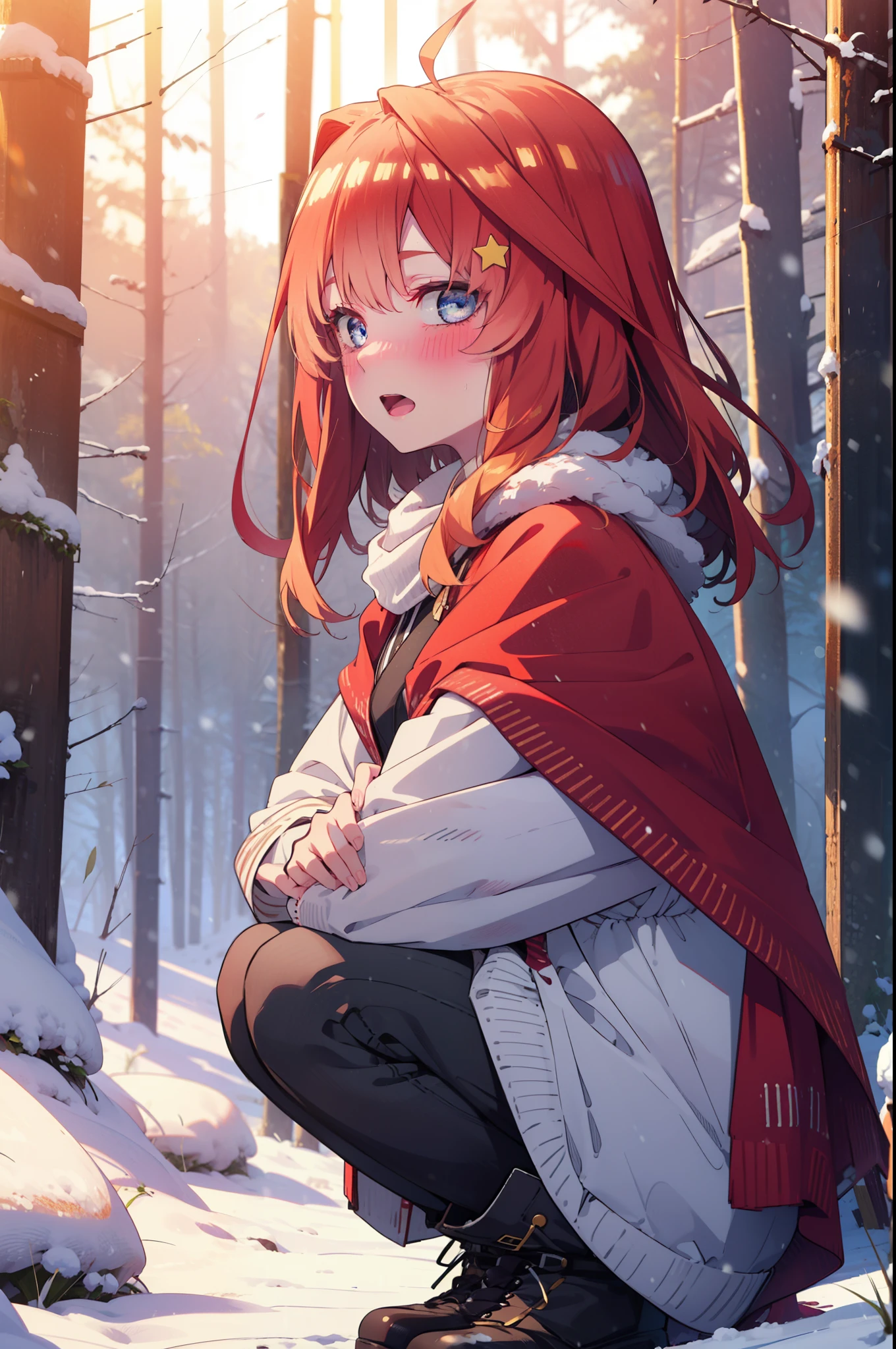 itsukinakano, Itsuki Nakano, bangs, blue eyes, Hair between the eyes, Ahoge, Redhead, star \(symbol\), hair ornaments, star hair ornaments,smile,blush,White Breath,
Open your mouth,snow, fire, Outdoor, boots, snowing, From the side, wood, suitcase, Cape, Blurred, Increase your meals, forest, White handbag, nature, Squat, Mouth closed, フードed Cape, winter, Written boundary depth, Black shoes, red Cape break looking at viewer, Upper Body, whole body, break Outdoor, forest, nature, break (masterpiece:1.2), highest quality, High resolution, unity 8k wallpaper, (shape:0.8), (Beautiful and beautiful eyes:1.6), Highly detailed face, Perfect lighting, Highly detailed CG, (Perfect hands, Perfect Anatomy),