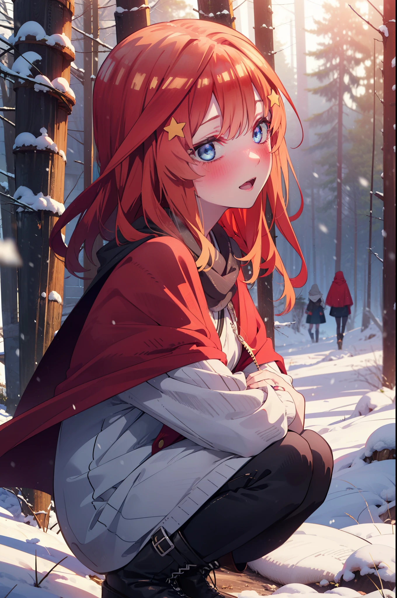 itsukinakano, Itsuki Nakano, bangs, blue eyes, Hair between the eyes, Ahoge, Redhead, star \(symbol\), hair ornaments, star hair ornaments,smile,blush,White Breath,
Open your mouth,snow, fire, Outdoor, boots, snowing, From the side, wood, suitcase, Cape, Blurred, Increase your meals, forest, White handbag, nature,  Squat, Mouth closed, フードed Cape, winter, Written boundary depth, Black shoes, red Cape break looking at viewer, Upper Body, whole body, break Outdoor, forest, nature, break (masterpiece:1.2), highest quality, High resolution, unity 8k wallpaper, (shape:0.8), (Beautiful and beautiful eyes:1.6), Highly detailed face, Perfect lighting, Highly detailed CG, (Perfect hands, Perfect Anatomy),
