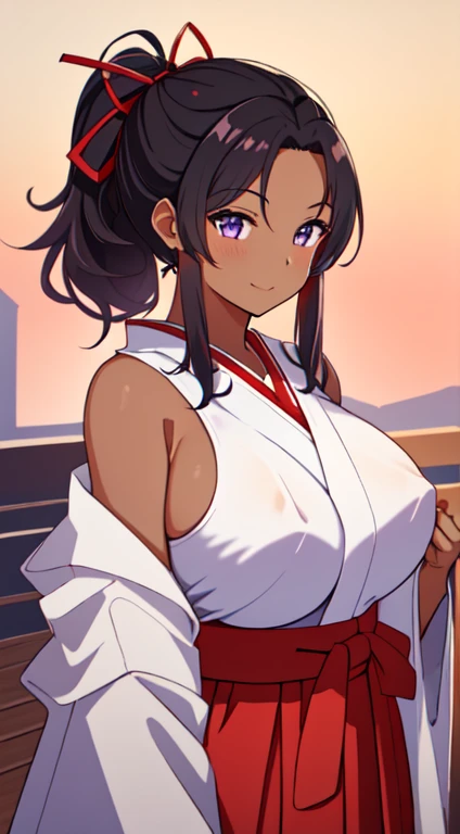 masterpiece, best quality, anime Illustration, 4k, 1 girl, solo, standing, long hair, black hair, violet eyes, high ponytail, red hair ribbon, red ribbon, red hakama and white kimono, thin fabric, nipples, erect nipples, big breasts, huge breasts, looking_at_viewer, motherly smile, upper_body, dark skin, ((Village background:1.0)), ((dark skin: 1.5)), , ((parted bangs: 1.4)), parted bangs, large forehead, purple eyes, red hakama