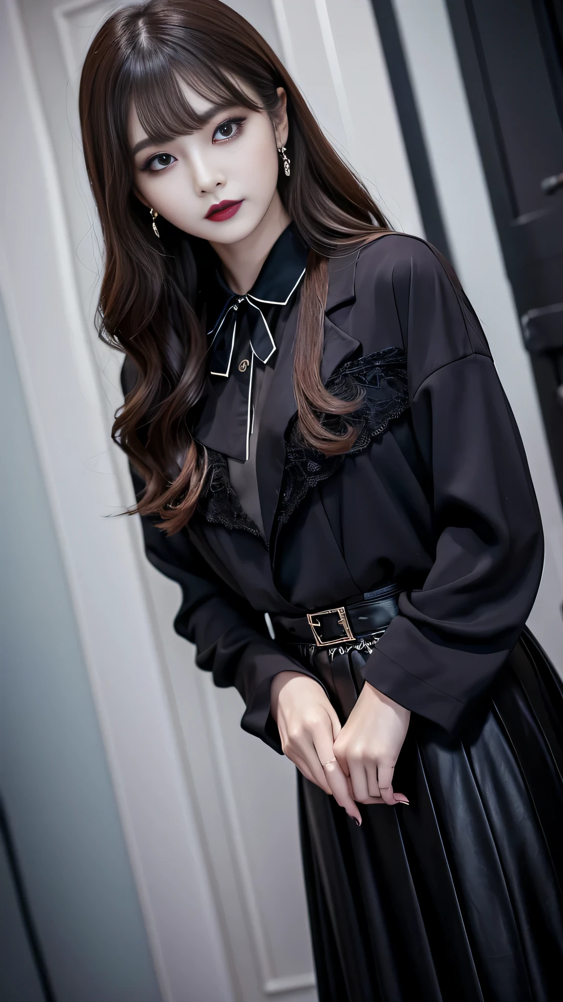 2girls、best quality、ultra-detailed、4k、Japanese、Seductive beauty、seductive adult woman、Pretty Woman、cool girl、Villainess、Brainwashed、brainwash、Fallen into evil、smirk、Evil look、Wicked Smile、evil、Brown hair、wavy hair、swept bangs、dark makeup、dark makeup、piercing eyes、hollow eyes,half-closed eyes、Hollow Eyes、Purple Eyeshadow、black lipstick、black lipglos、suit、Jacket、blouse、Black Ribbon、Long skirt、slit、Beautiful feet、Put your hands behind your back、night、Eerie Citadel、Are standing、