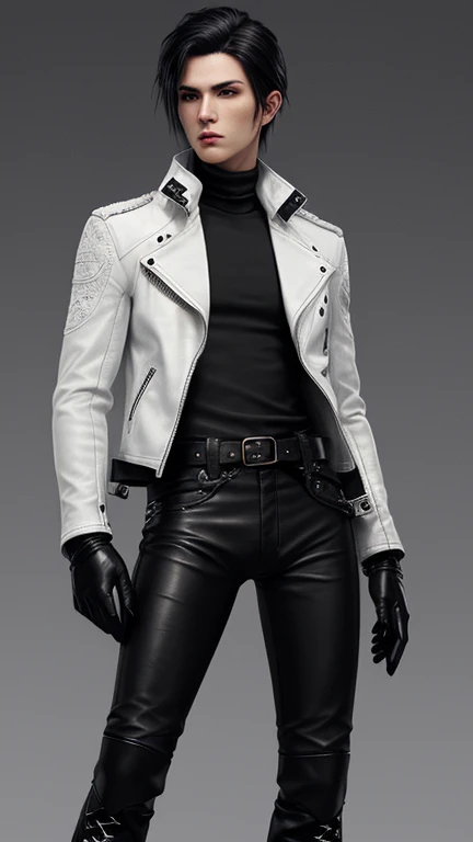 Final Fantasy-inspired graphics, Young, cute and cool Japanese boys, Thin eyebrows and big eyes, He is wearing a shiny off-white leather single-breasted jacket., with epaulettes, The jacket is zipped up, The pattern on the jacket is a little black line., The jacket has a high stand-up collar with a belt, Black turtleneckも着用, black leather pants,Tight, thin black leather gloves on both hands, Black leather knee-high lace-up boots,show, head-to-toe, Show whole body, Final Fantasy Style、good looking、Clear eyes and nose、((White single leather jacket))、Black turtleneck、((black leather pants))、((Black leather gloves on both hands))、((Black lace-up leather long boots))、View from head to toe、Realistic image quality and texture