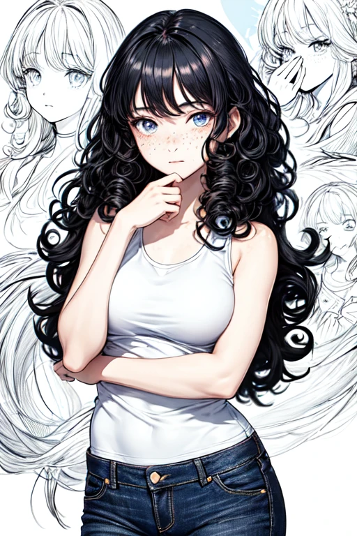 ((highest quality)), ((masterpiece)), (be familiar with), Perfect Face、Girl、Line art、Anime Style、Black tank top、Show the whole body、draft、Monochrome、Long Hair、Black Hair、cool、Calm、jeans、Very droopy eyes、upright、freckles、peek、Extremely curly hair、Curly hair、long hair、Expressionless、Resting her chin in her hand、Place the back of your hand under your chin