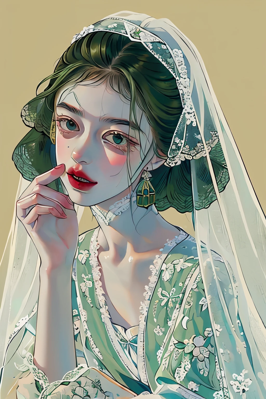 ((High quality work)), Clean and simple lines, The green dress and beautiful ruffled lace complement each other, Enriches the layering of the entire picture, Elegant Edwardian lace dresses and princess dresses add a lot of color to the characters, Gesture with hands behind back , It also shows the gentle and elegant side of women.